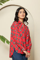 Red Floral Print Button-Down Shirt