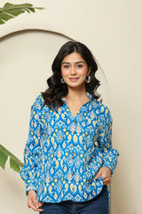 Blue Ikat Print Button-Down Shirt