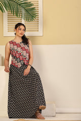 Red Patchwork Crop Top & Black Flared Skirt Set