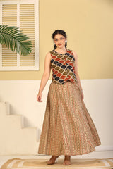 Rust Scallop Print Crop Top & Beige Flared Skirt Set