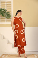 Rust Circular Print Sleeveless Kurta & Pants Set