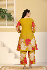 Mustard Leaf Print A-Line Kurta & Pants Set