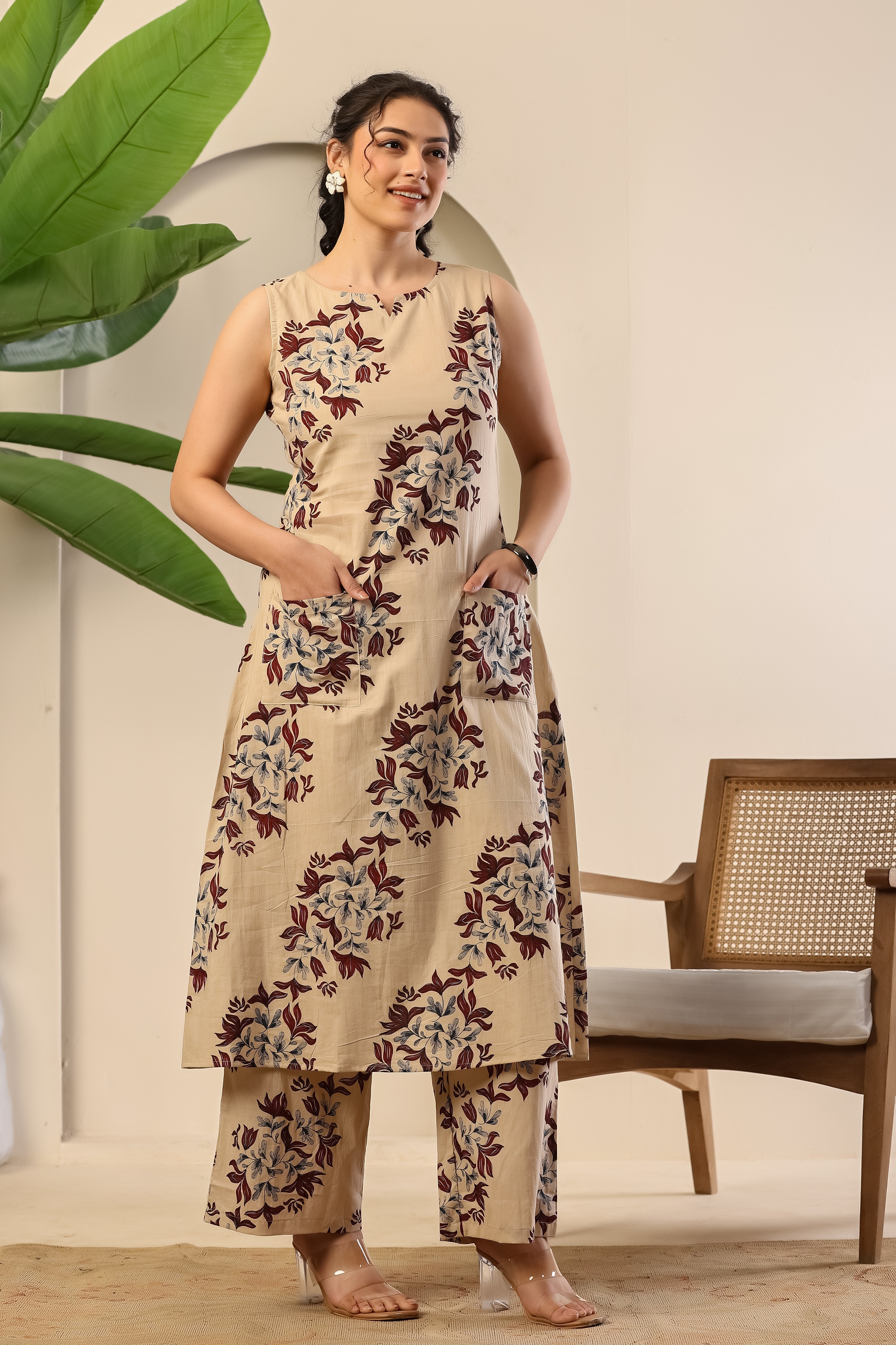 Beige Floral Ease Co-ord Set