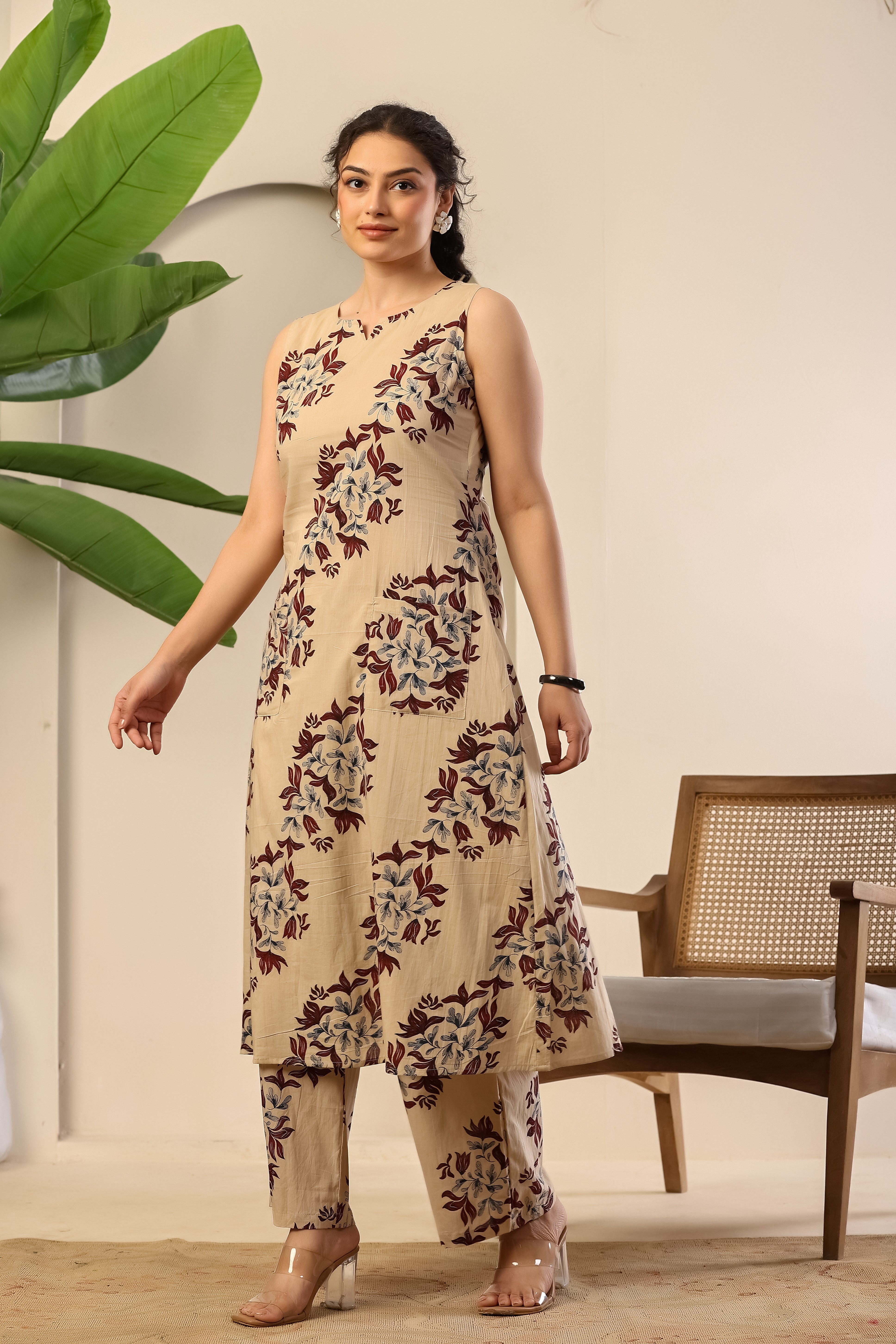 Beige Floral Ease Co-ord Set