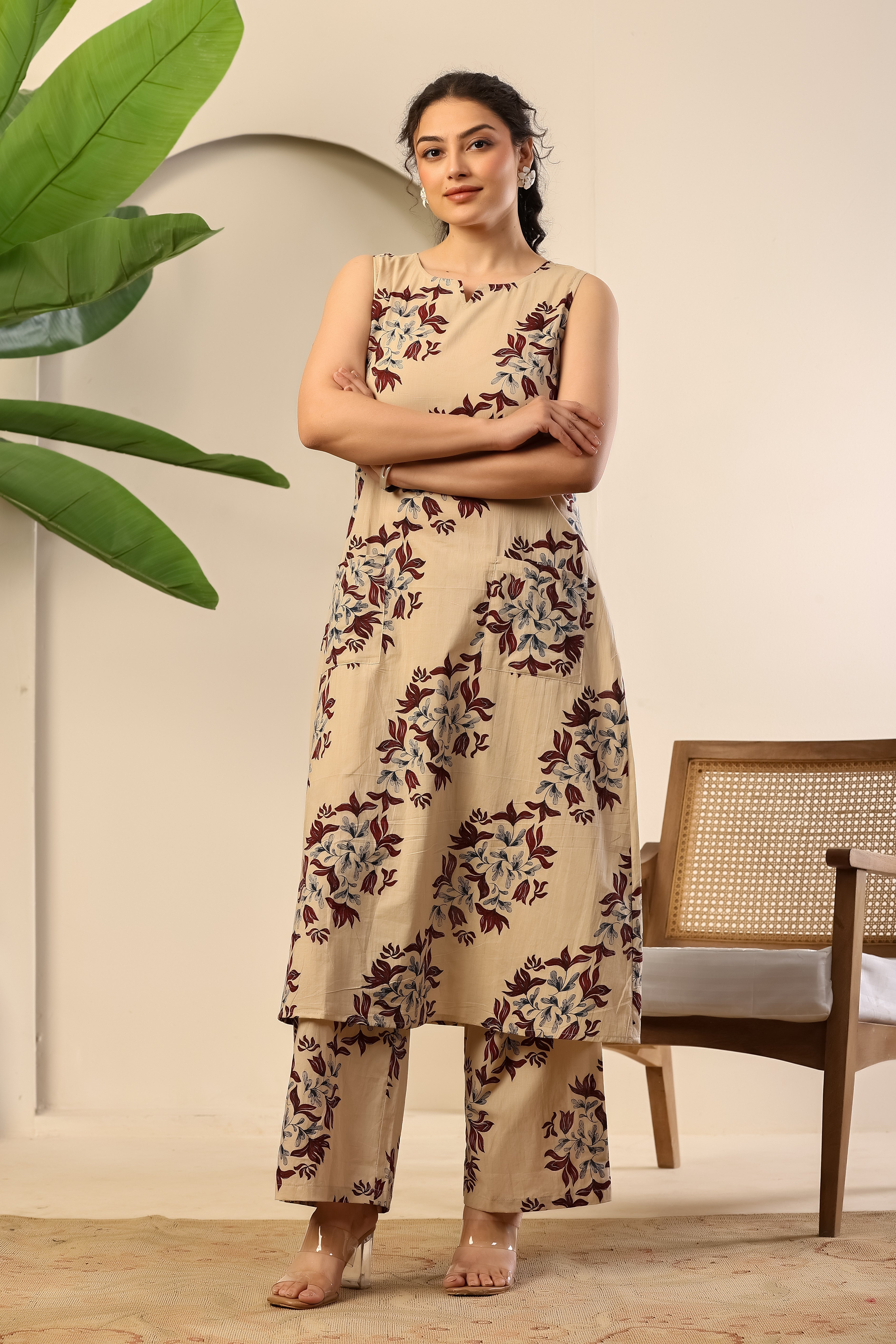 Beige Floral Ease Co-ord Set