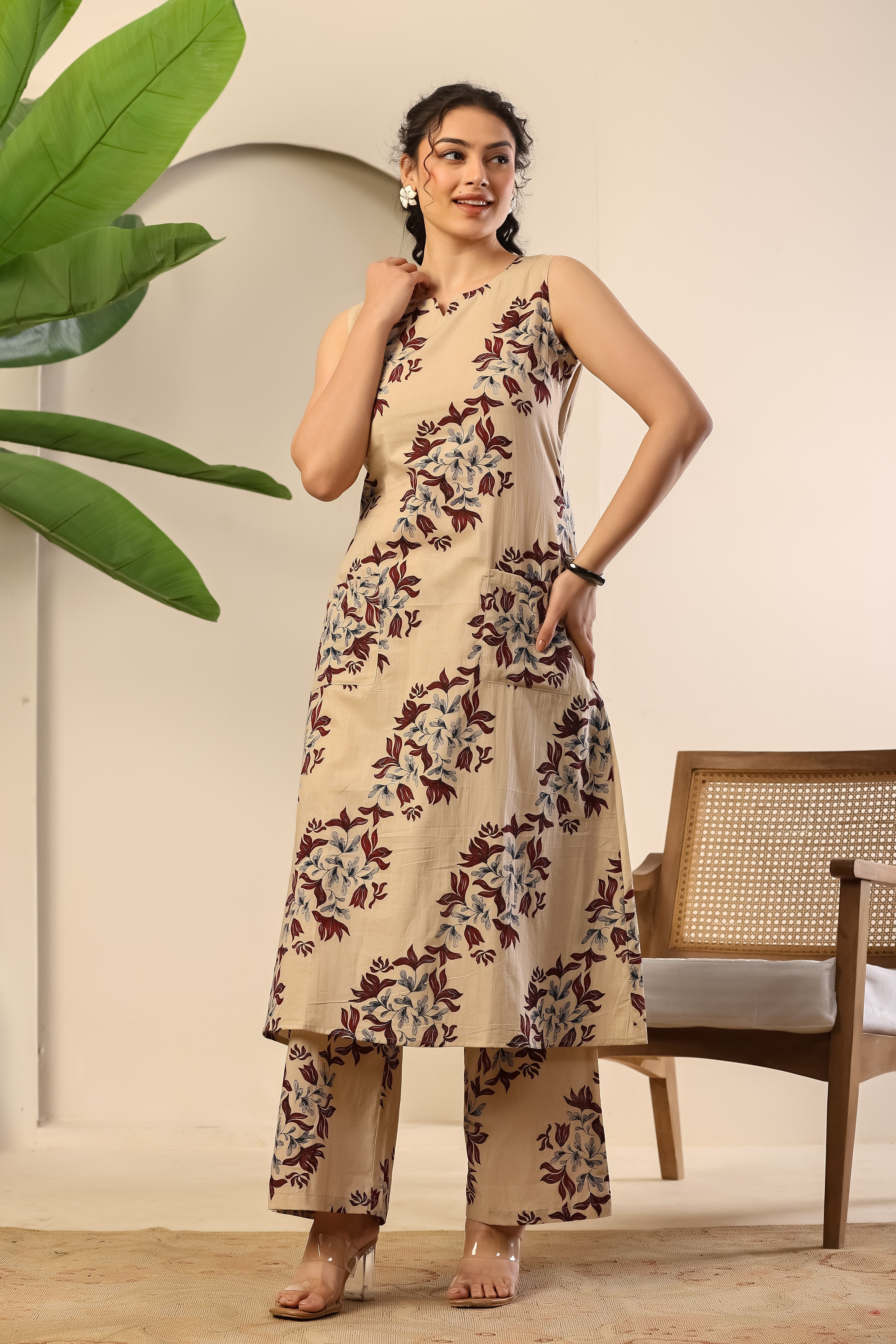 Beige Floral Ease Co-ord Set