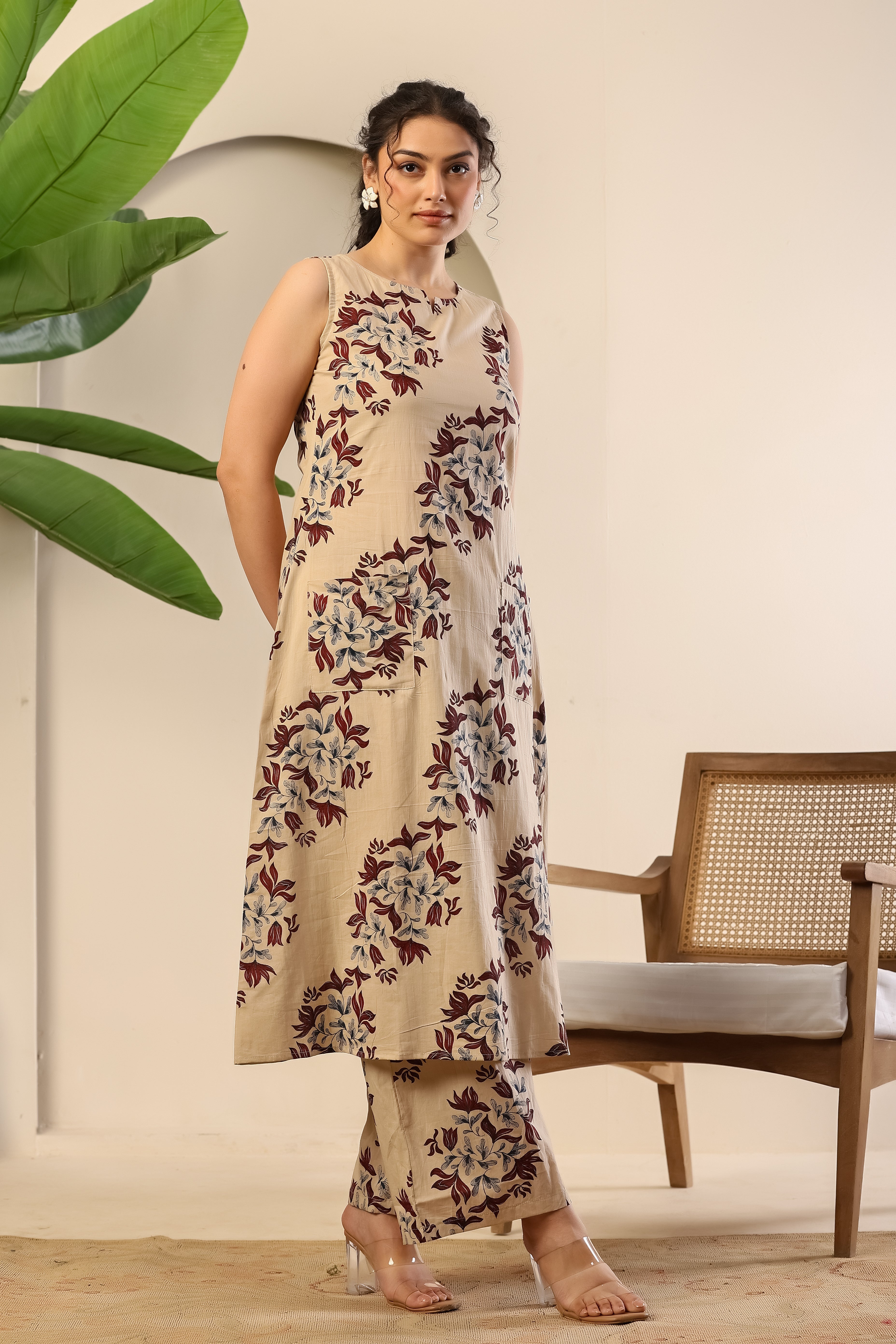 Beige Floral Ease Co-ord Set