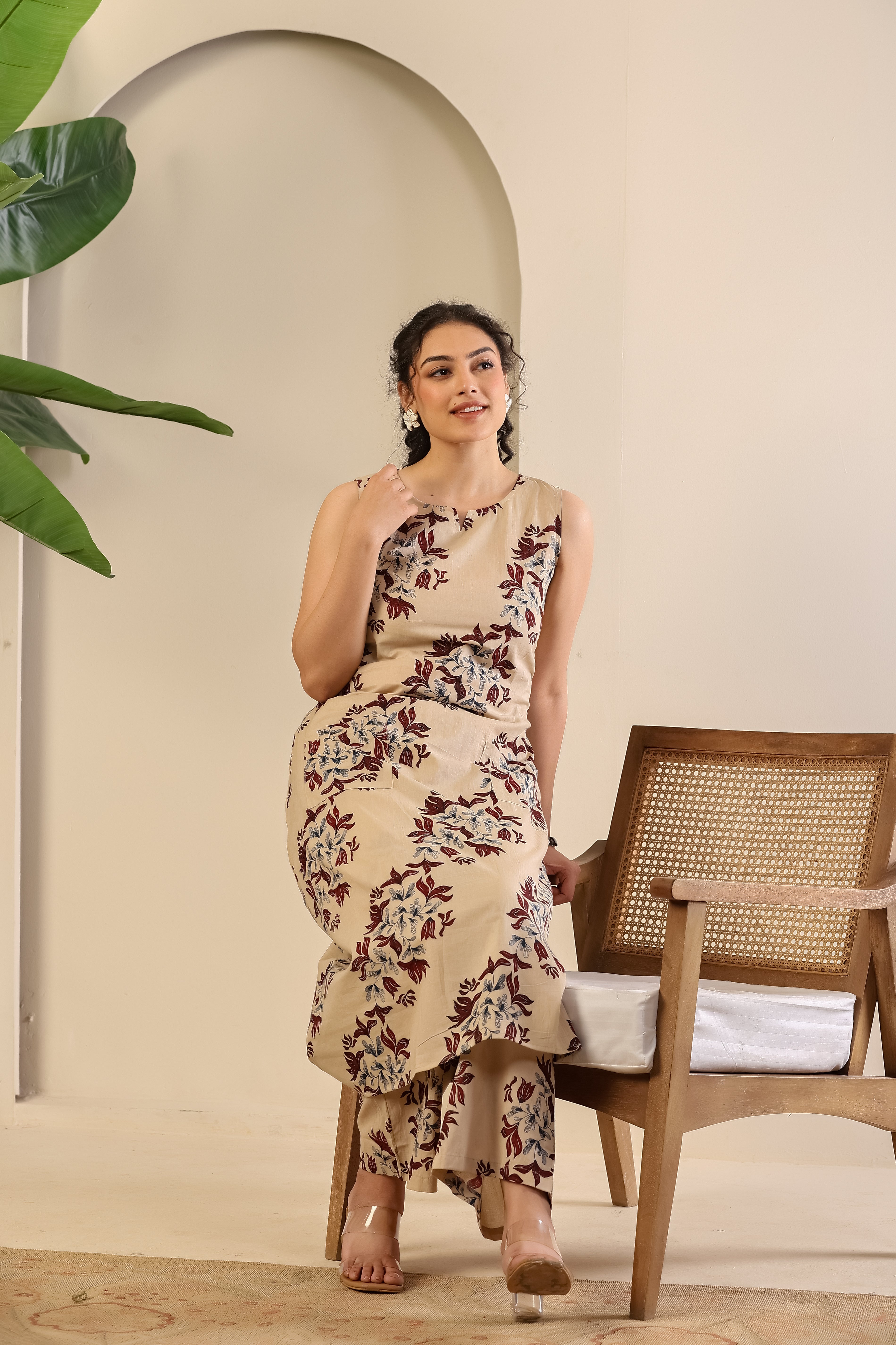 Beige Floral Ease Co-ord Set