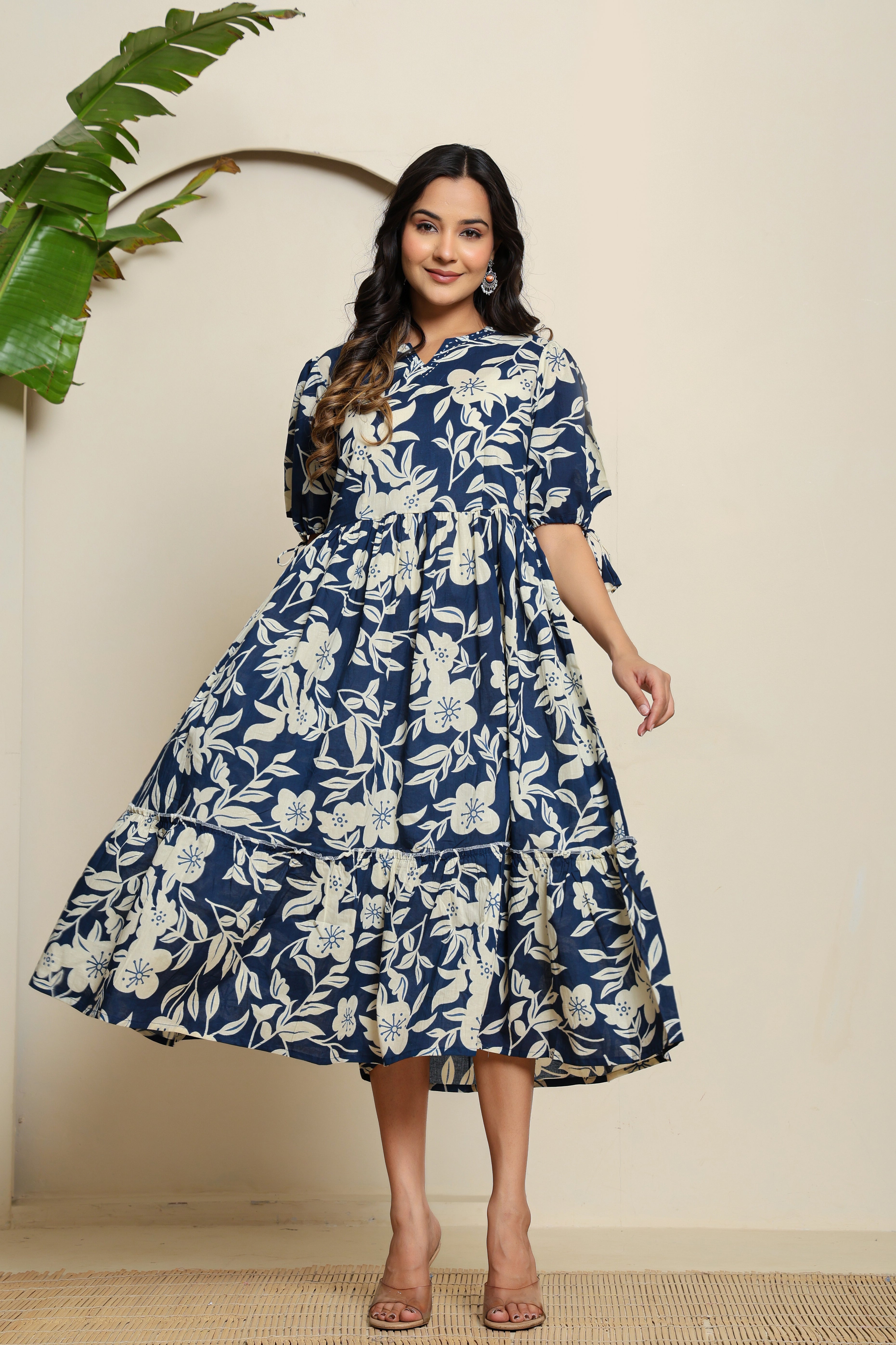 Midnight Bloom Puff Sleeve Dress