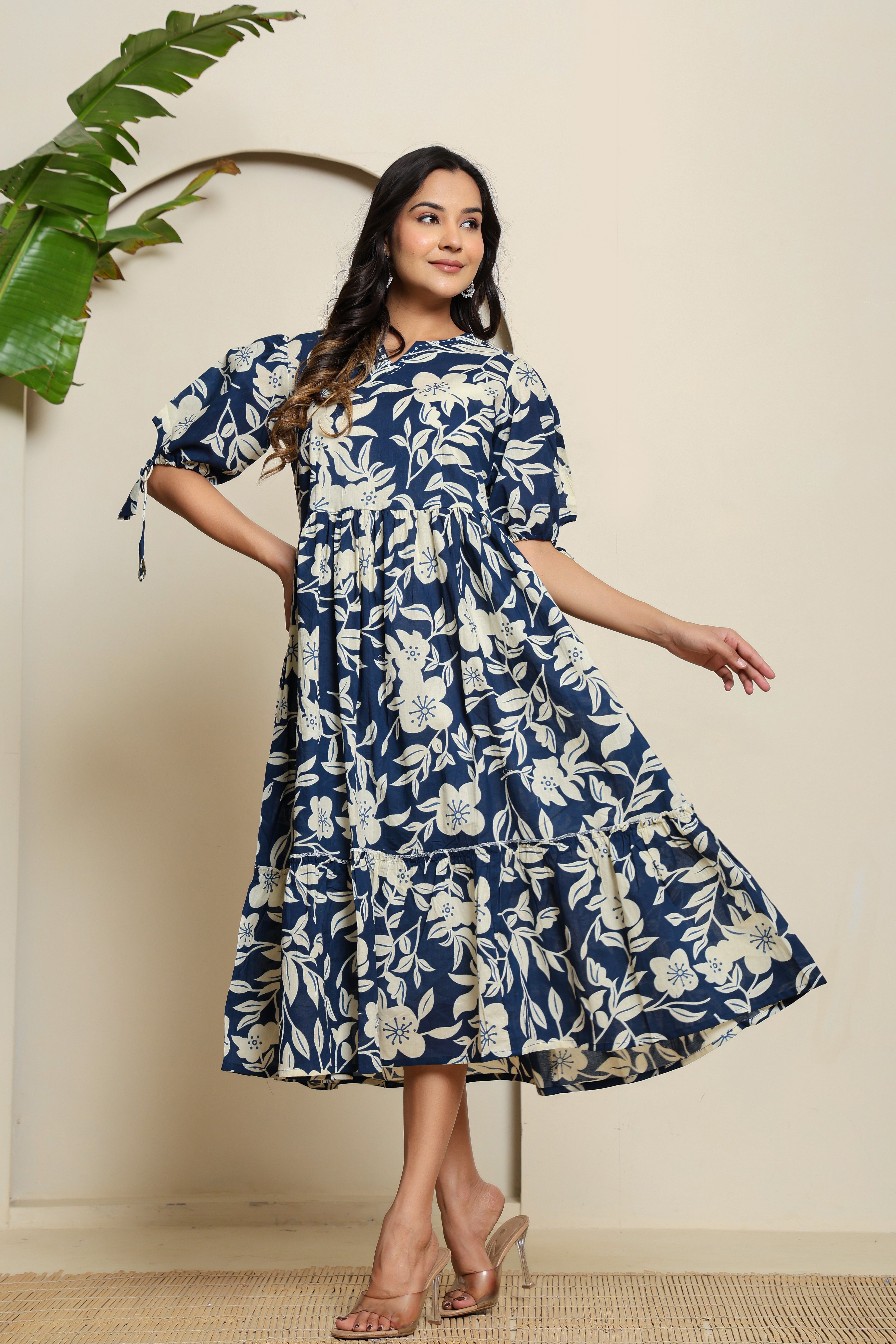 Midnight Bloom Puff Sleeve Dress