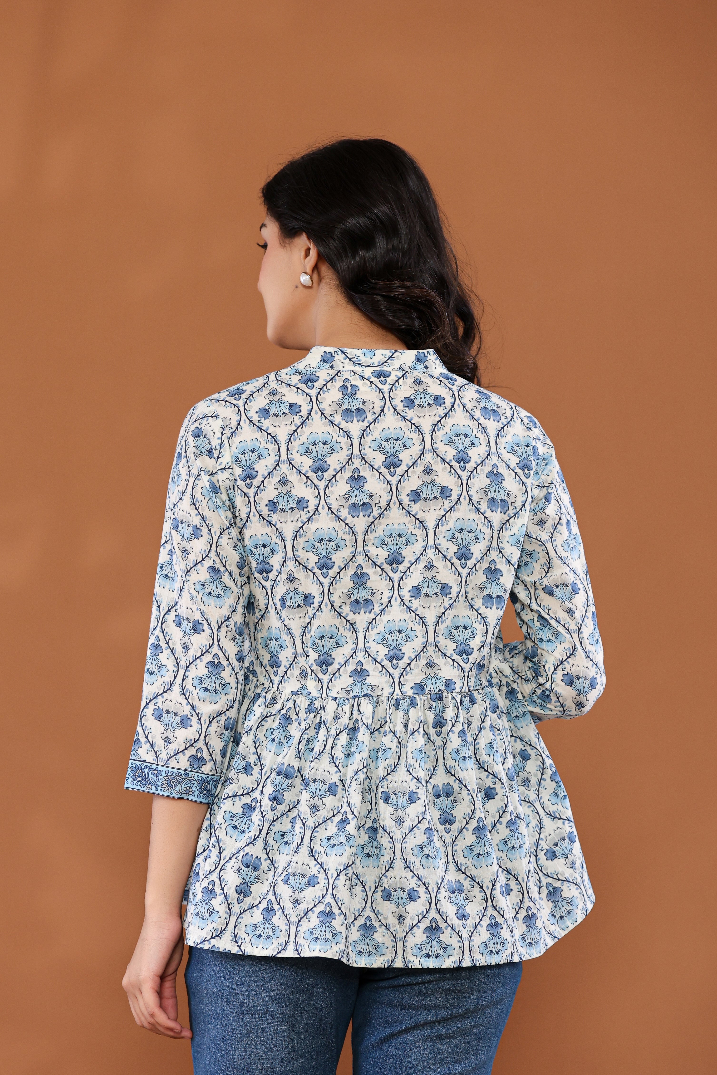 Blue Floral Print Peplum Top
