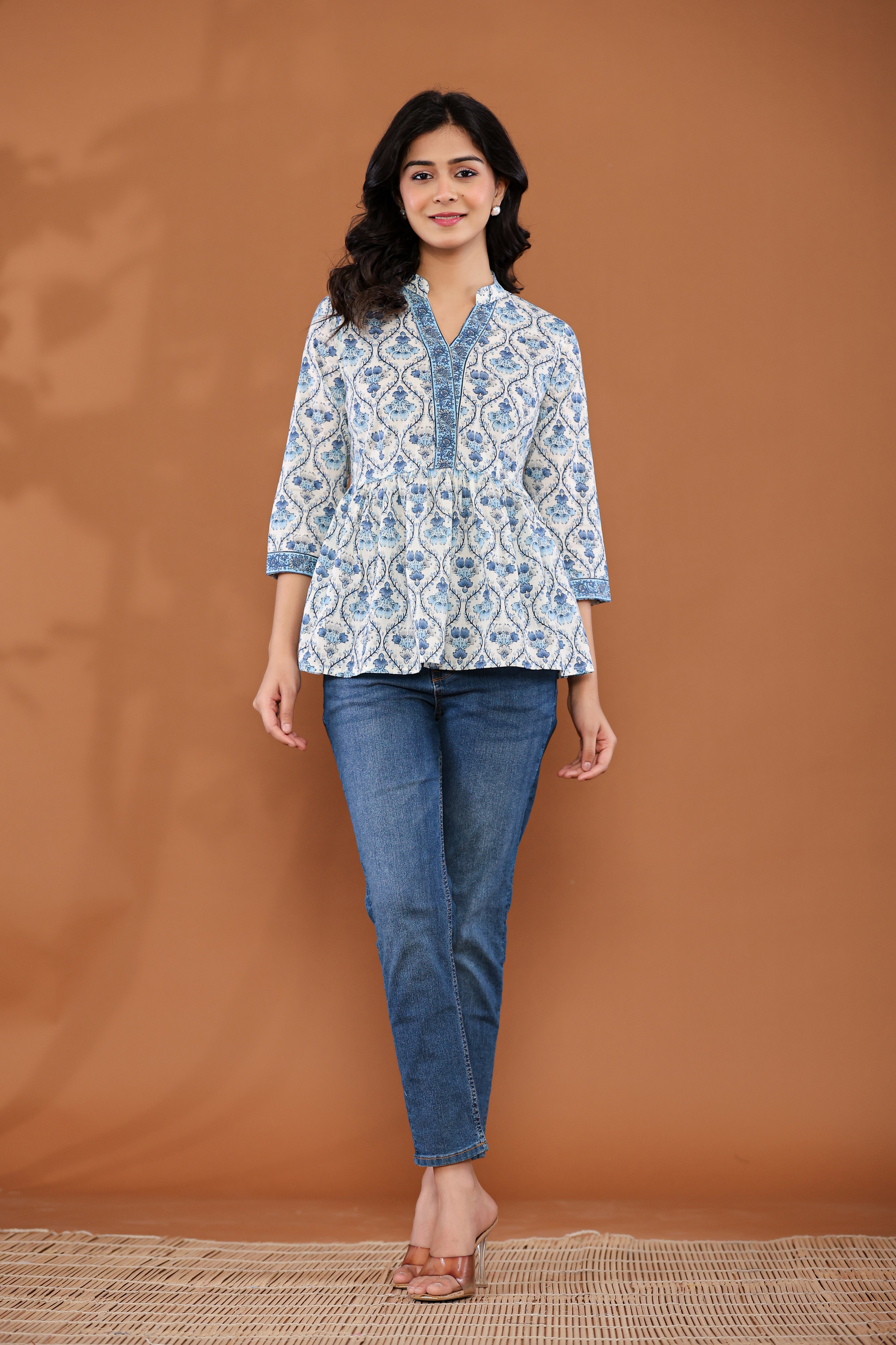 Blue Floral Print Peplum Top