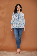 Blue Floral Print Peplum Top