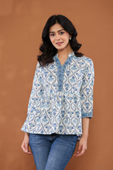 Blue Floral Print Peplum Top
