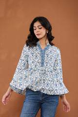 Blue Floral Print Peplum Top