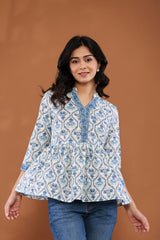 Blue Floral Print Peplum Top