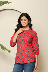 Floral Print Red Buttoned Top