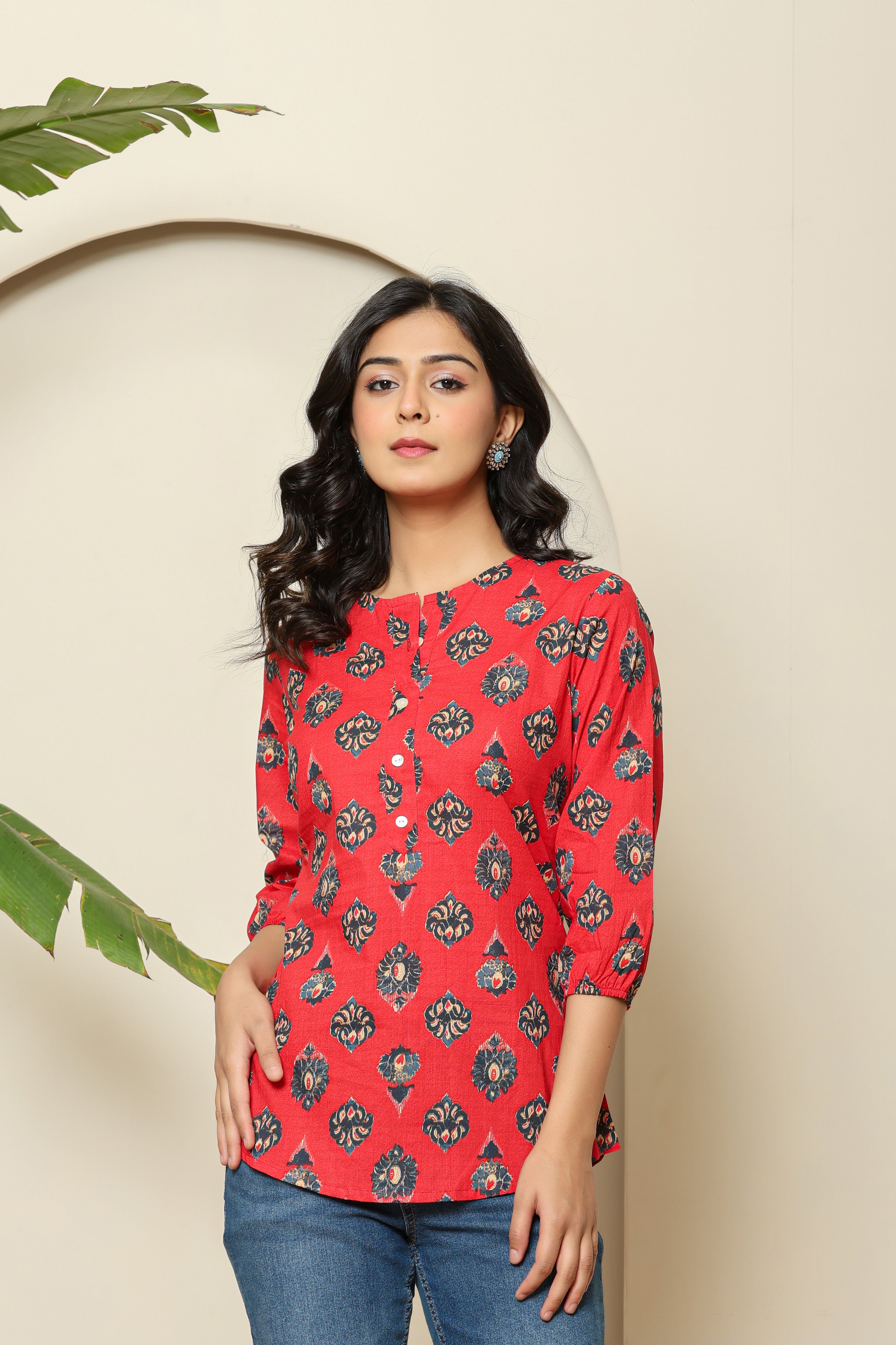 Floral Print Red Buttoned Top