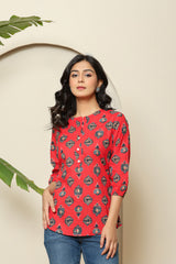 Floral Print Red Buttoned Top