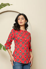 Floral Print Red Buttoned Top