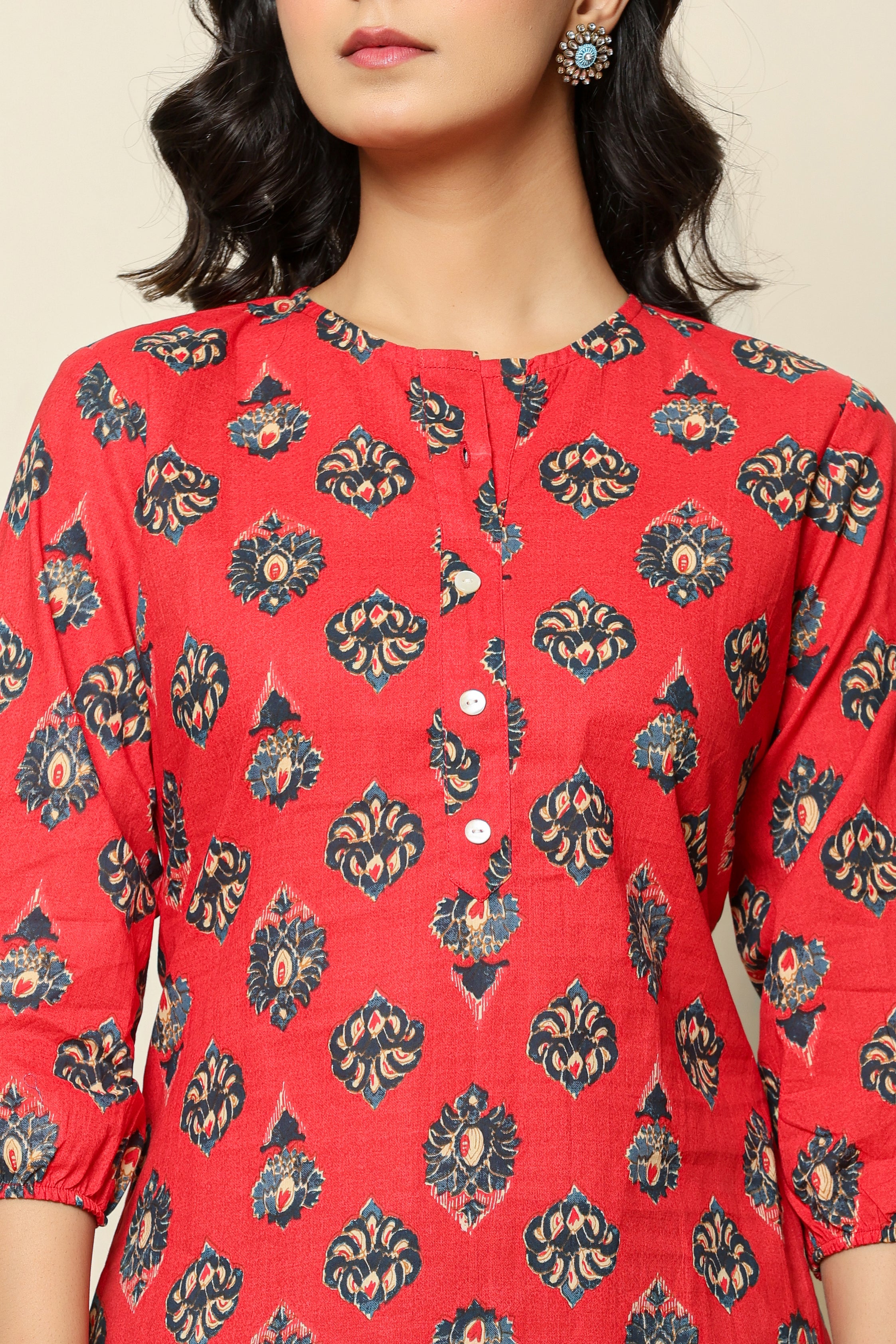 Floral Print Red Buttoned Top