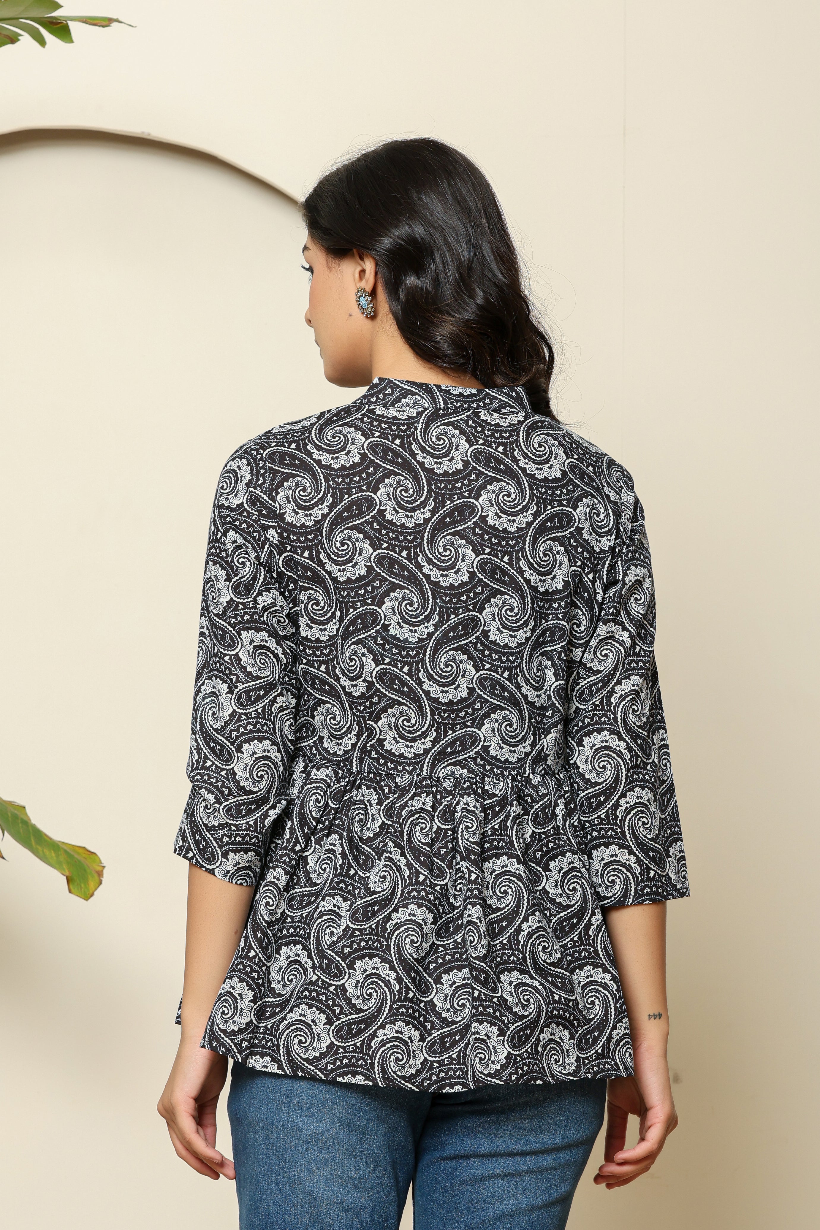 Paisley Print Black Peplum Top