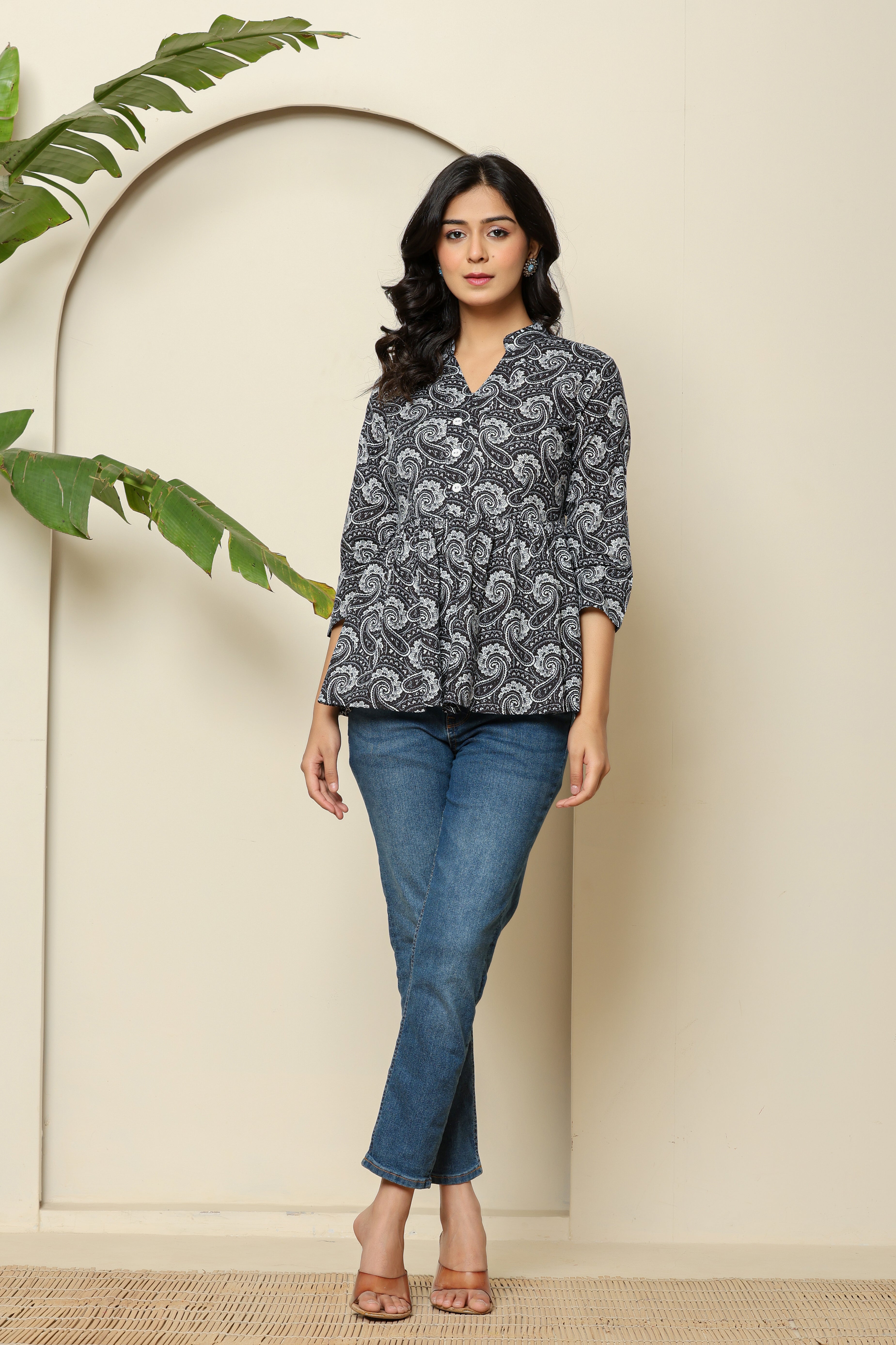 Paisley Print Black Peplum Top