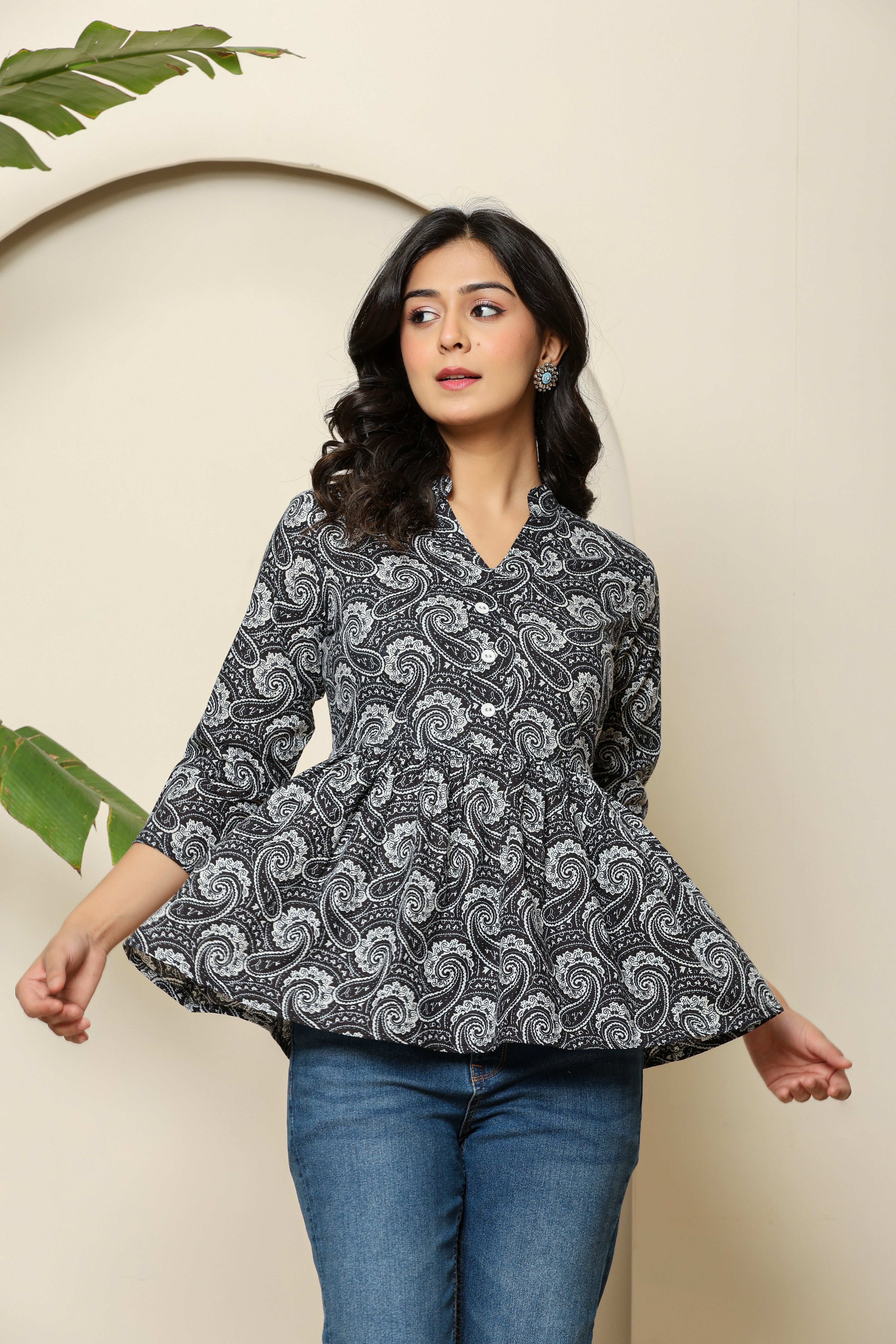 Paisley Print Black Peplum Top