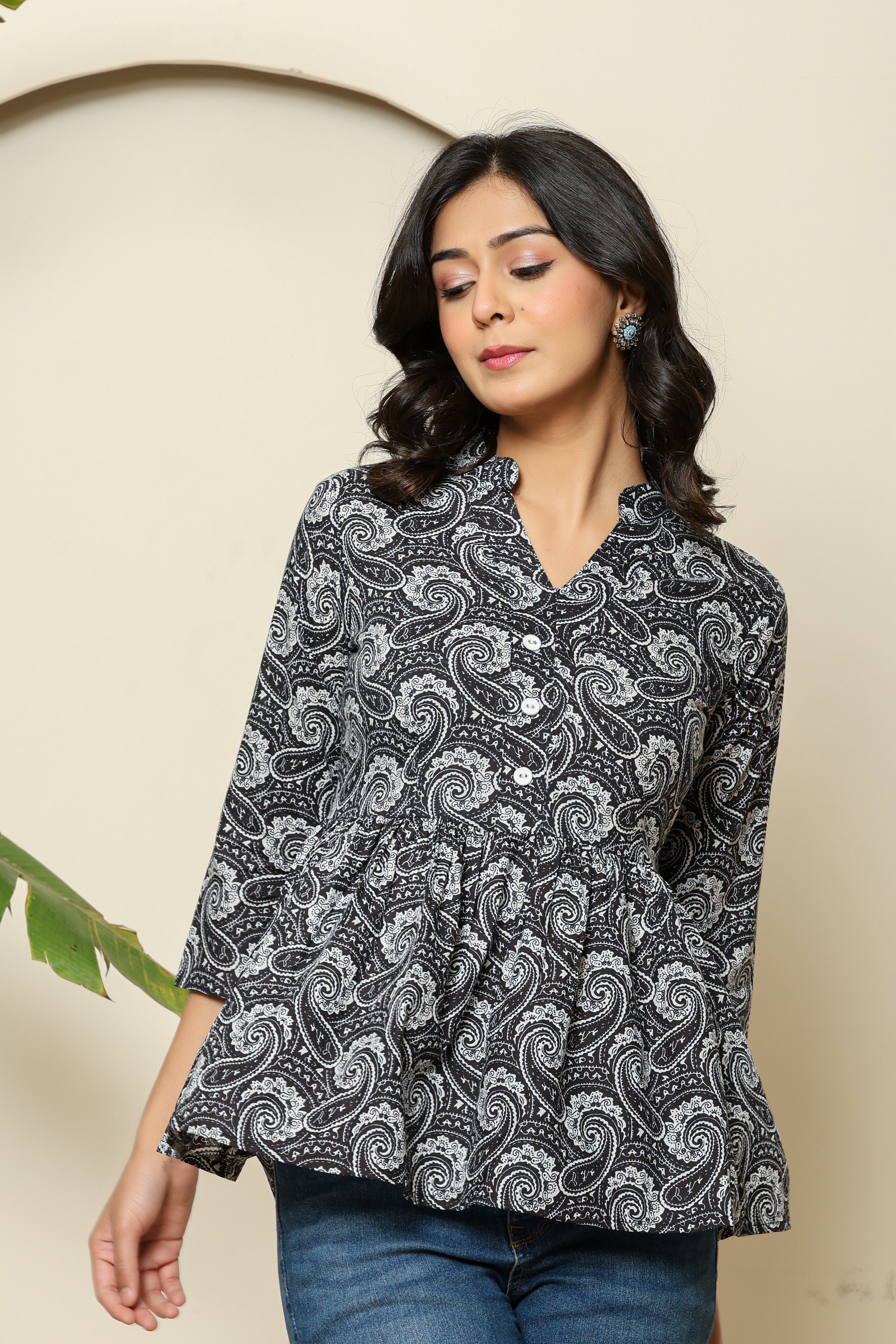 Paisley Print Black Peplum Top