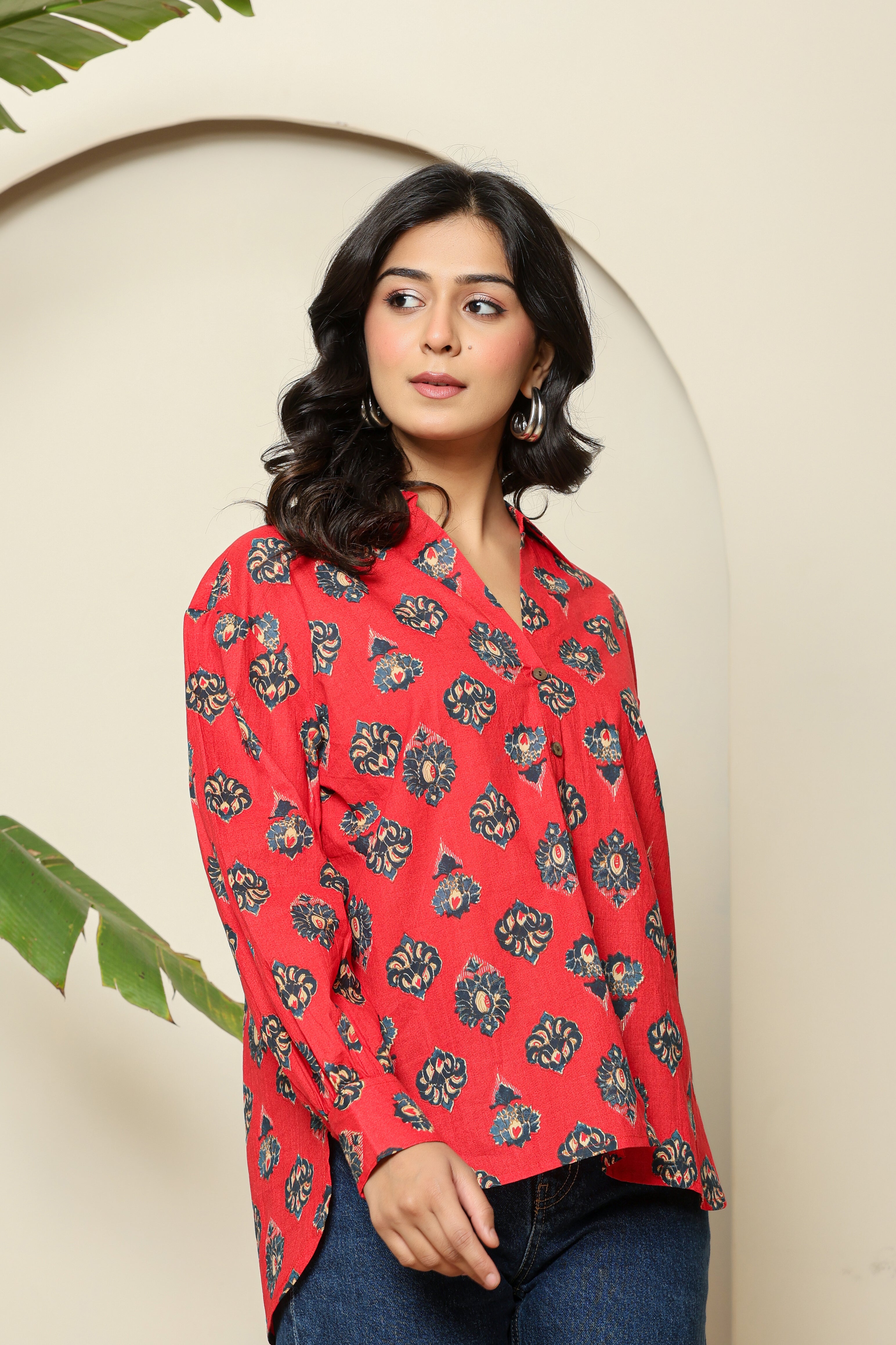 Red Floral Print Button-Down Shirt