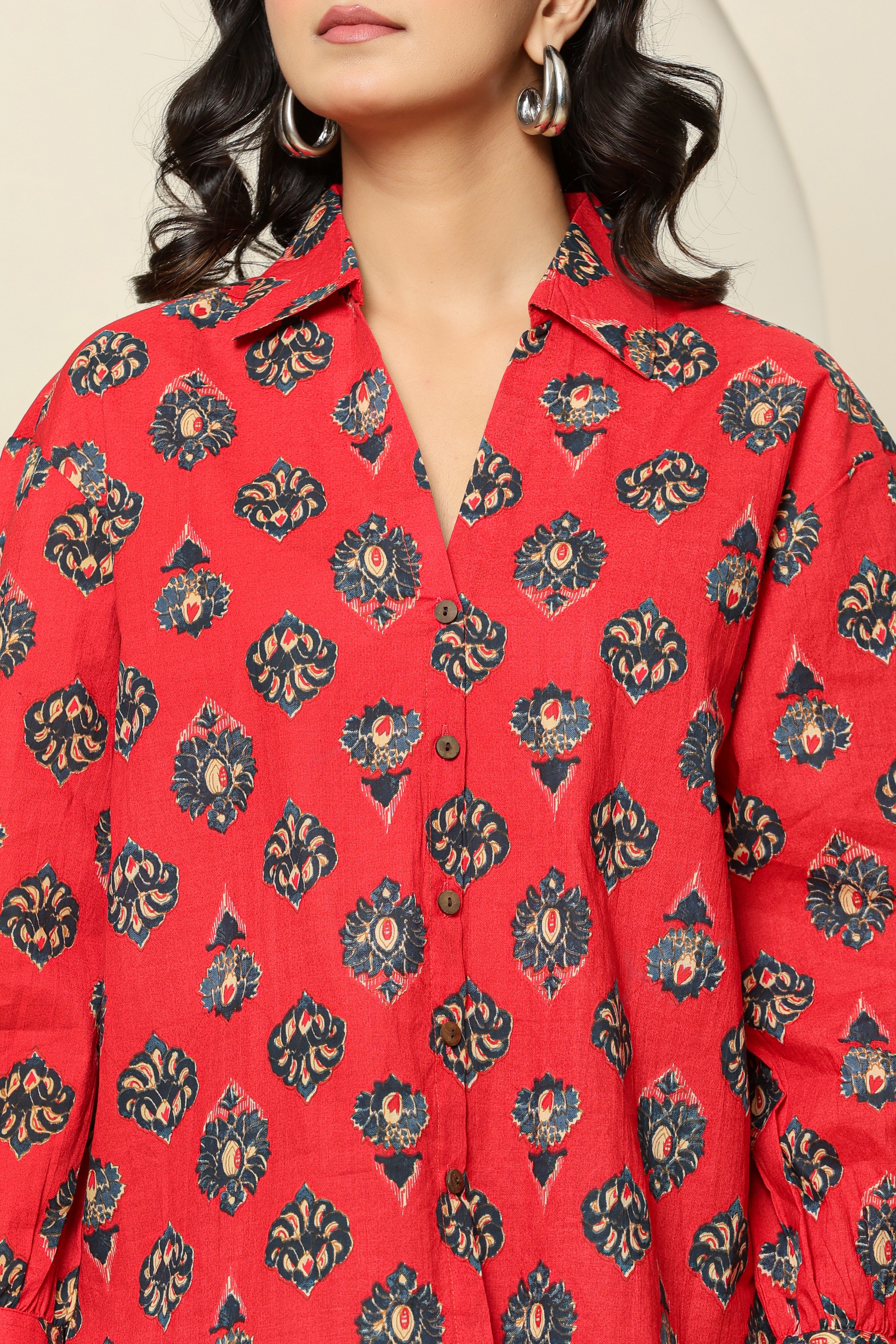 Red Floral Print Button-Down Shirt