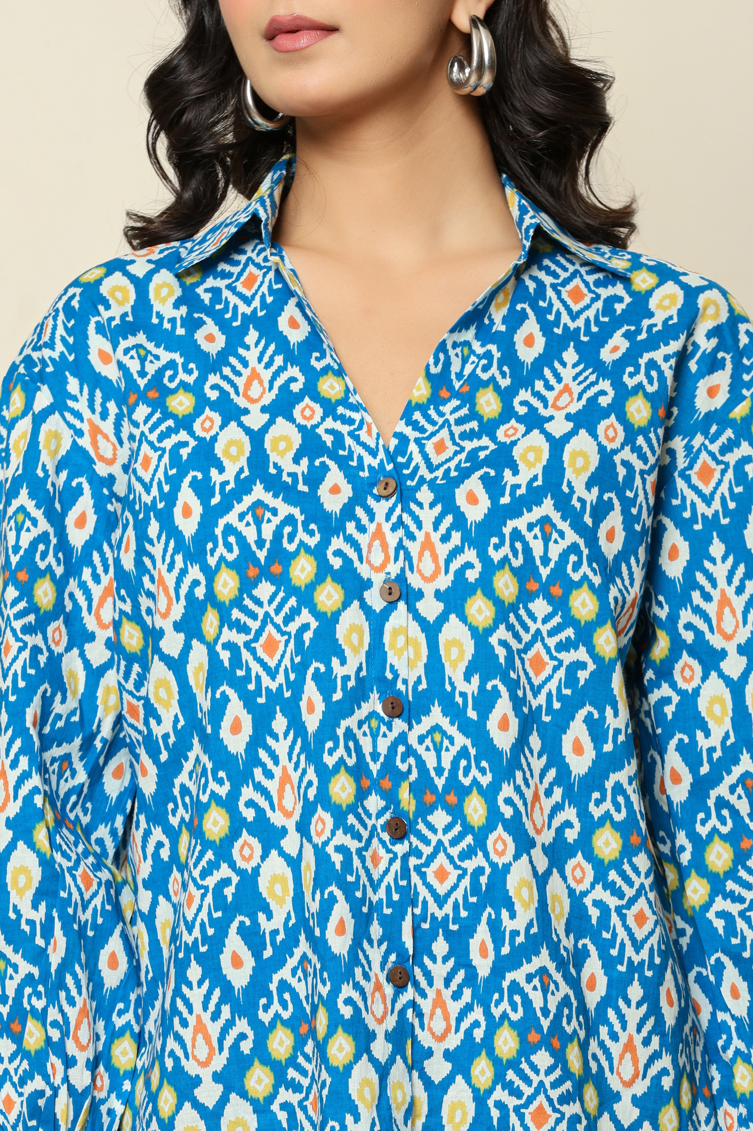 Blue Ikat Print Button-Down Shirt