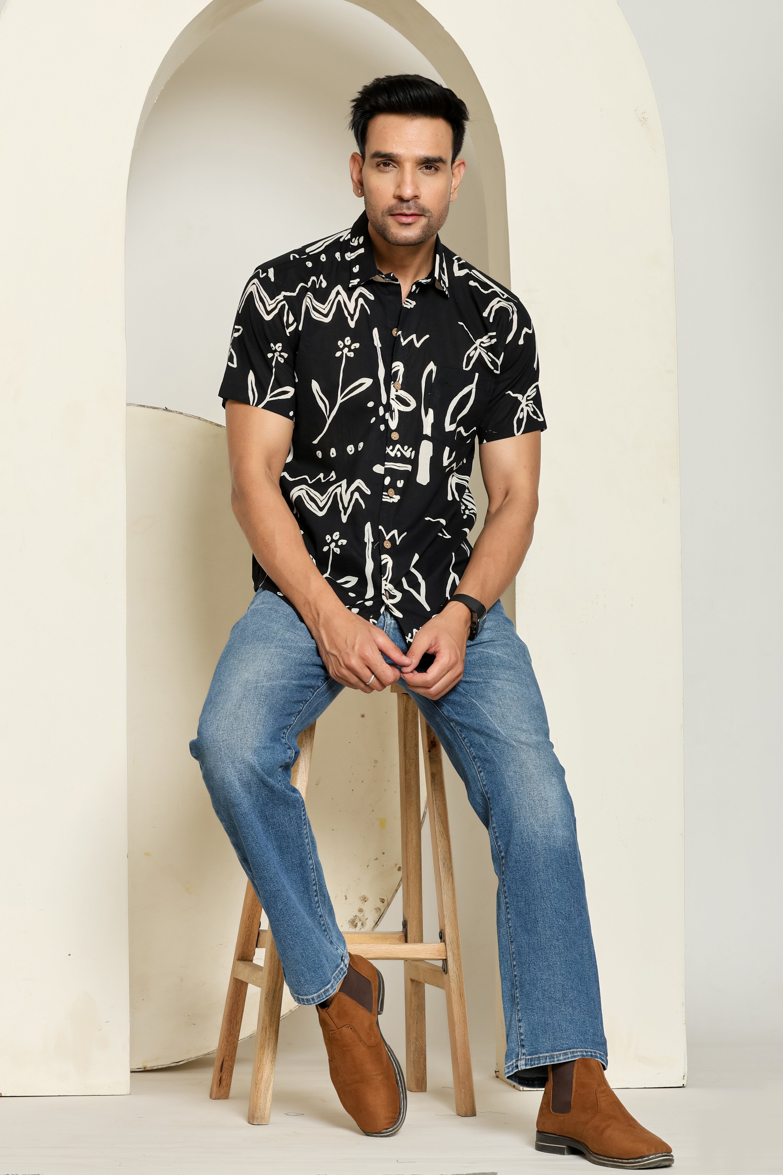Brushstroke Noir Printed Half Sleeve Shirt