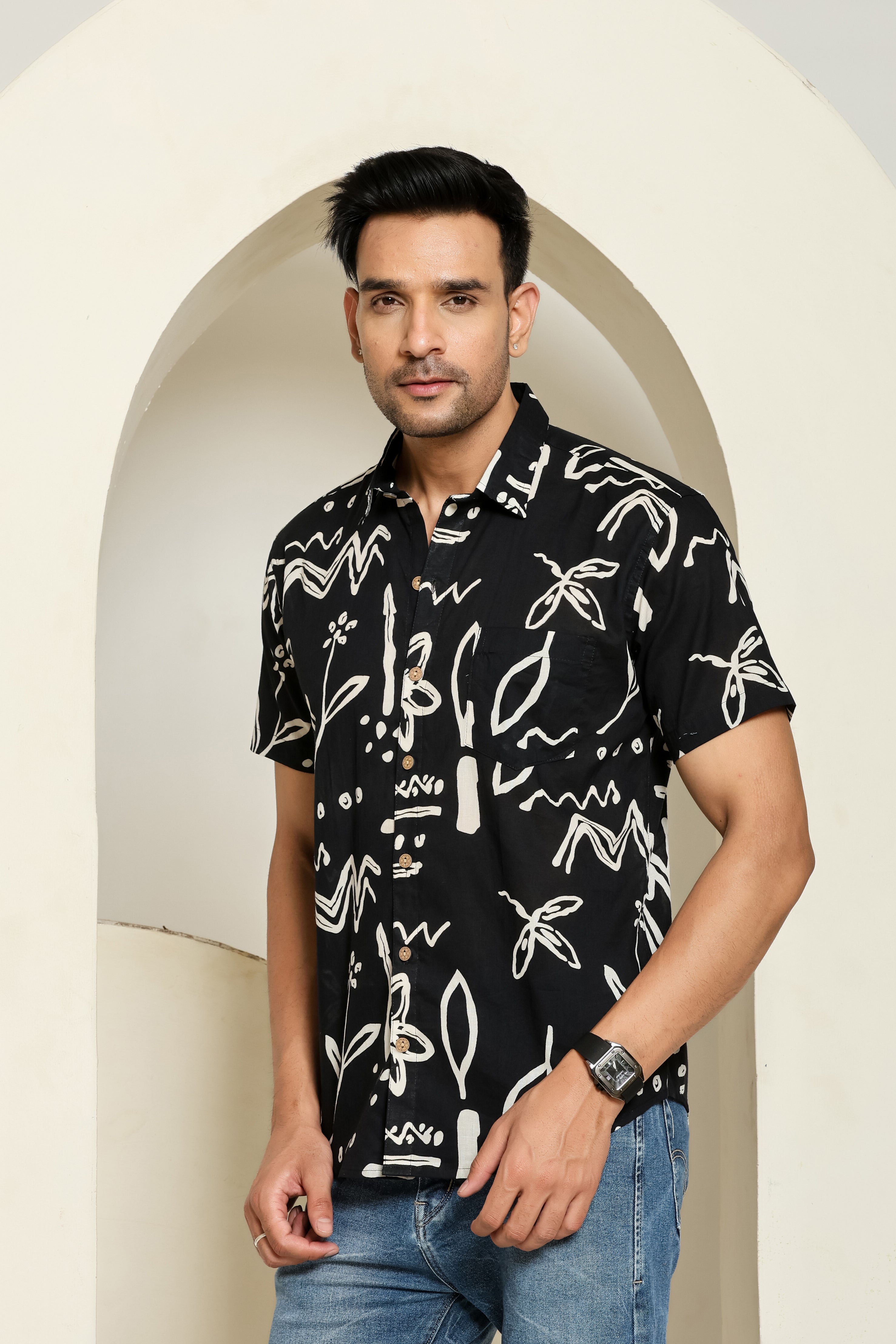 Brushstroke Noir Printed Half Sleeve Shirt