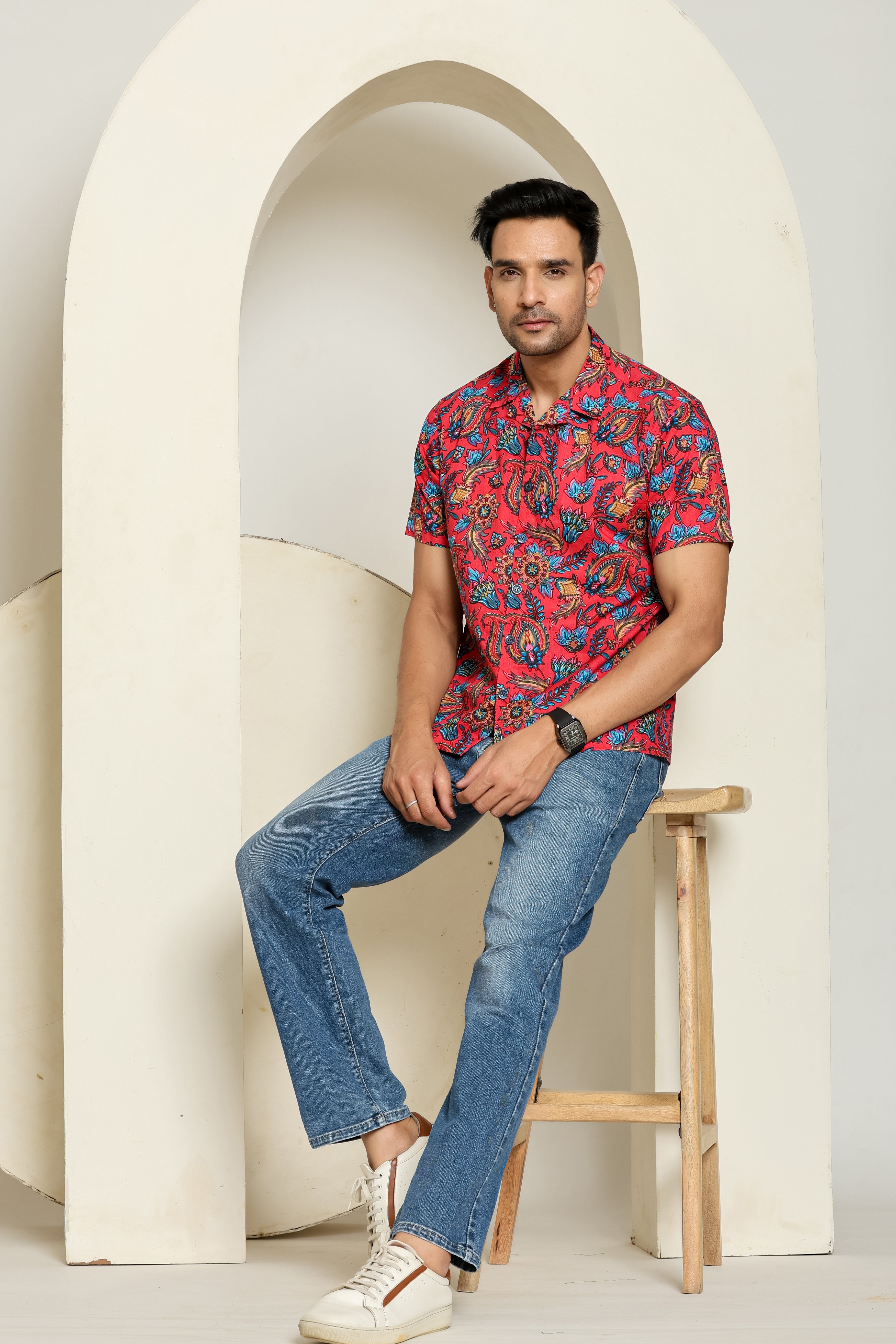 Crimson Wave Cuban Collar Shirt