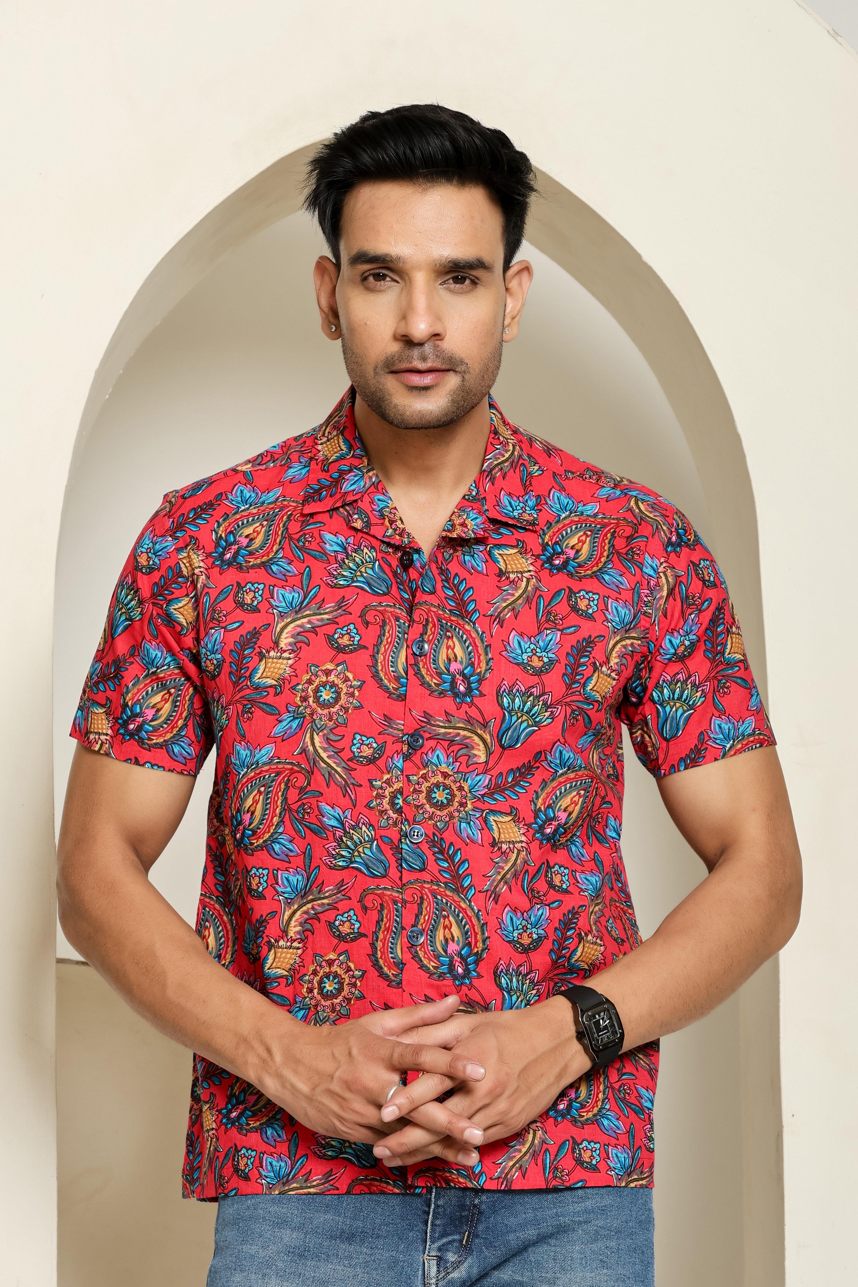 Crimson Wave Cuban Collar Shirt