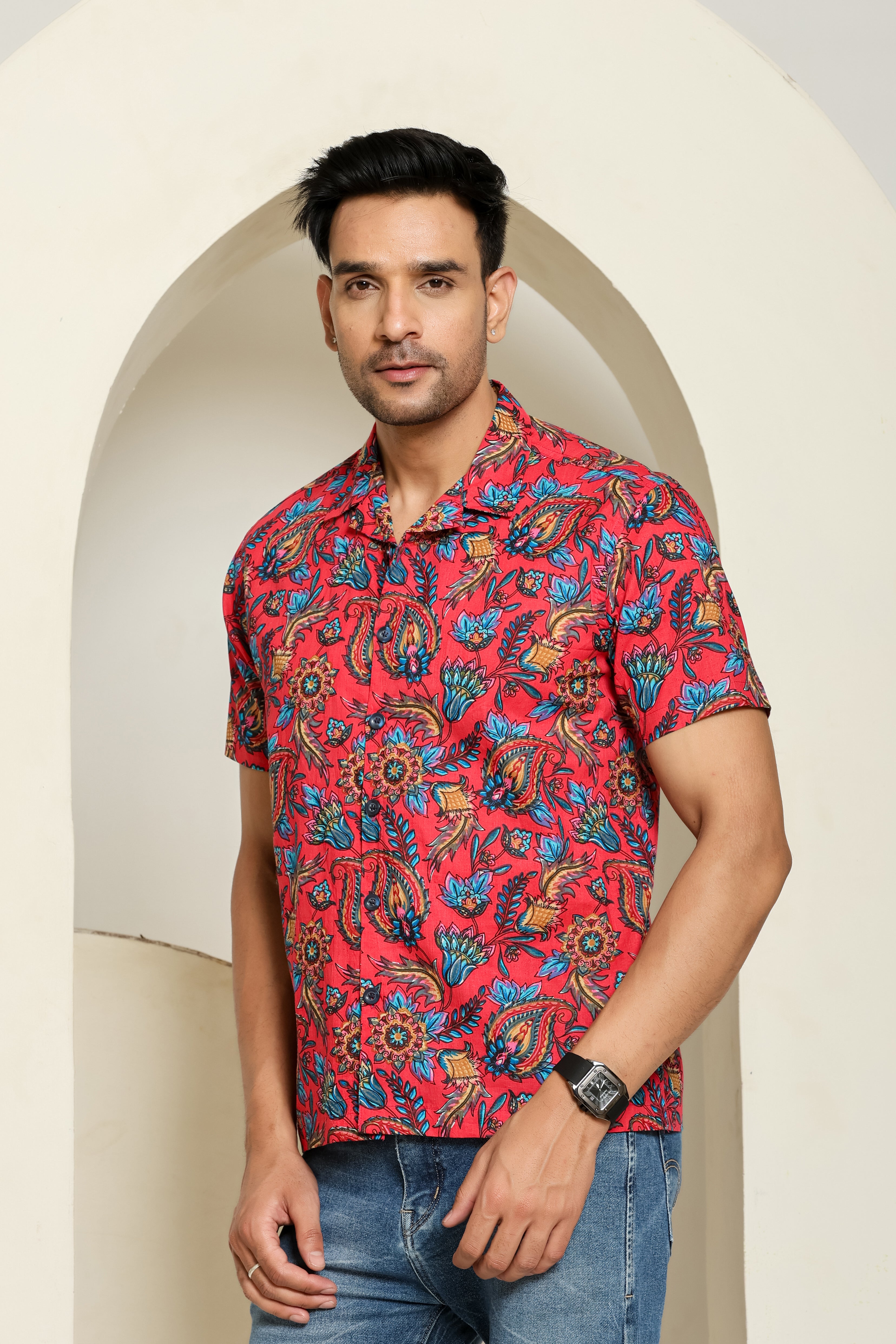 Crimson Wave Cuban Collar Shirt