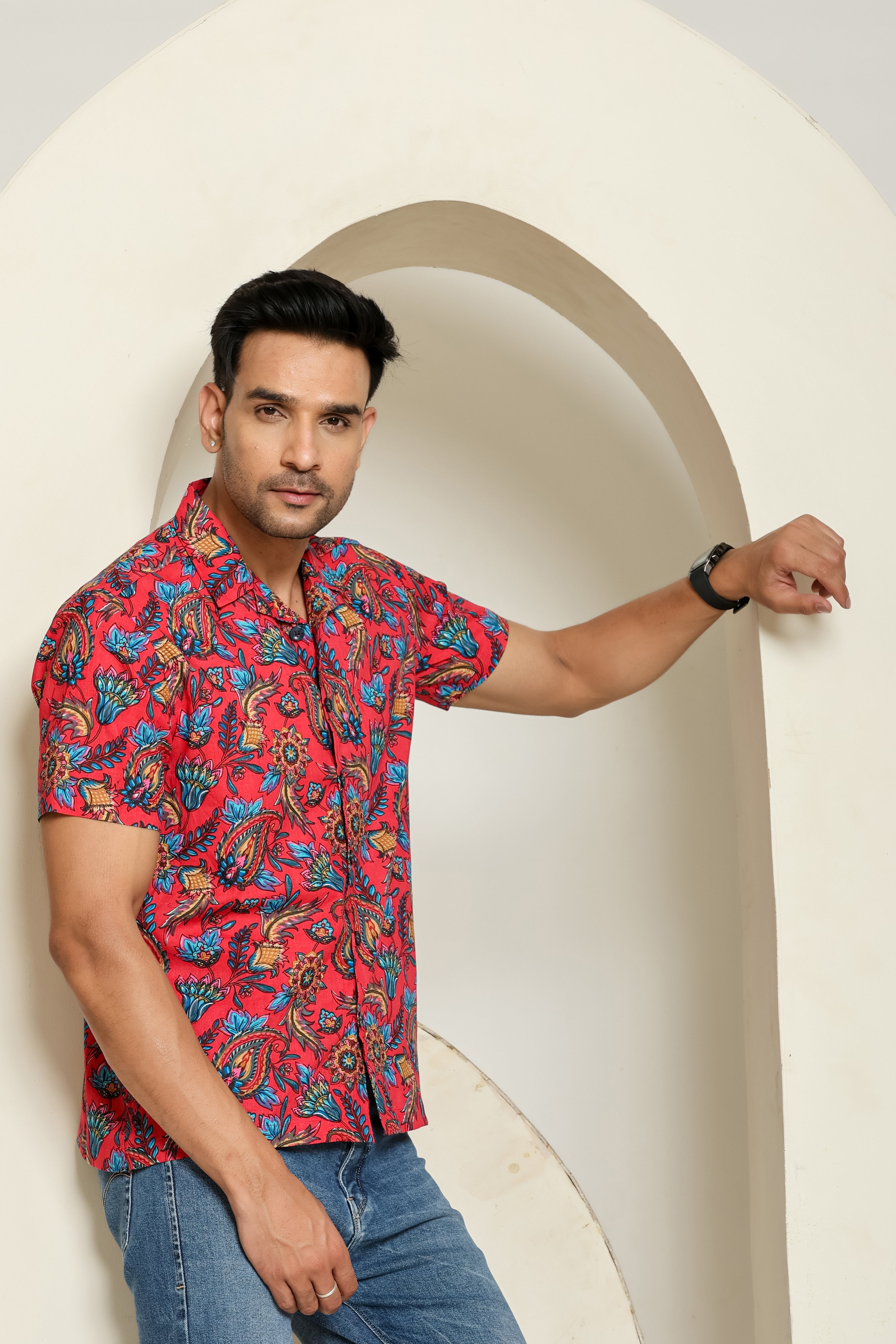 Crimson Wave Cuban Collar Shirt