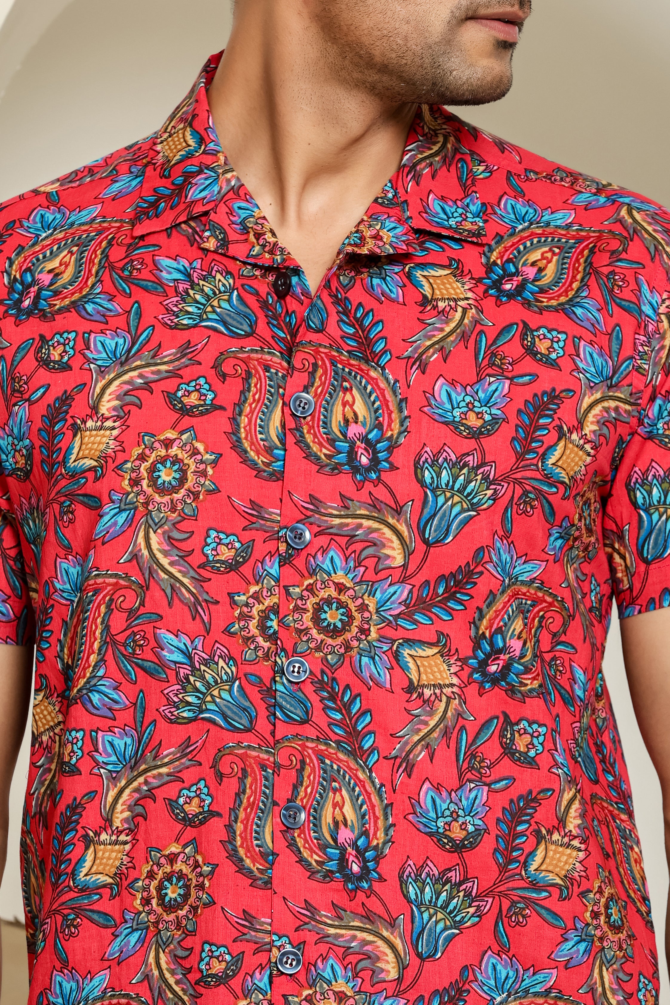 Crimson Wave Cuban Collar Shirt