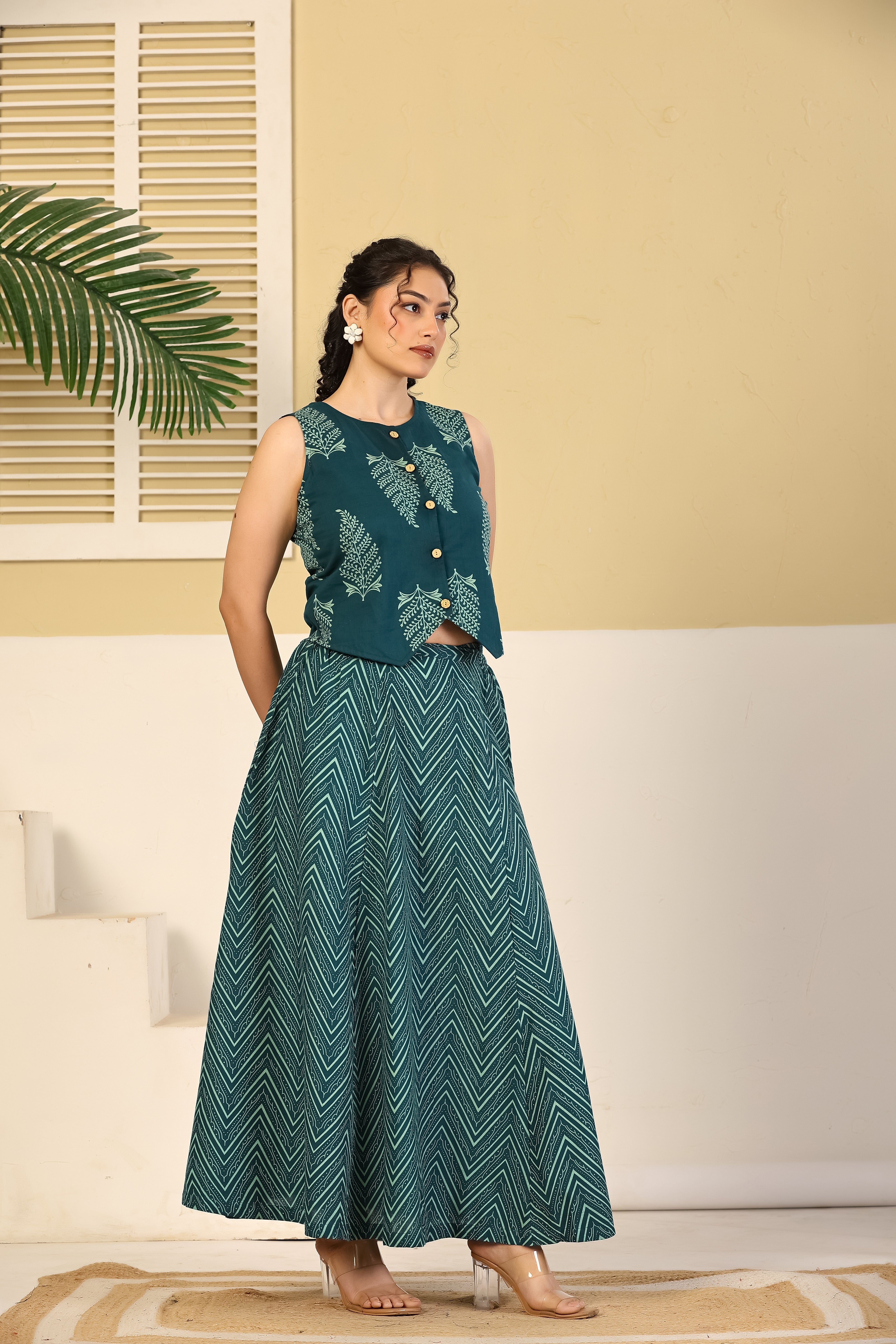 Teal Chevron Crop Top & Skirt Set
