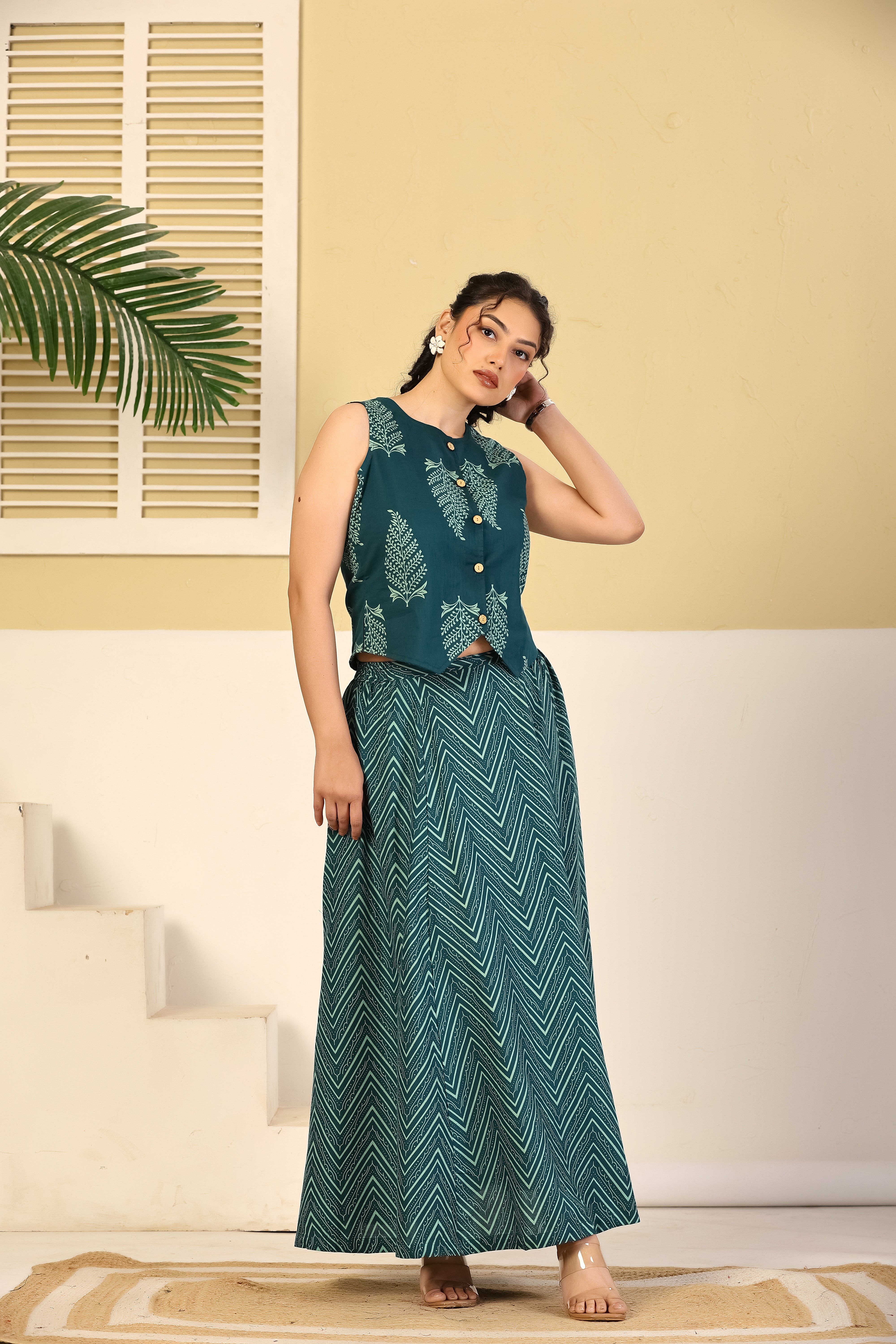 Teal Chevron Crop Top & Skirt Set