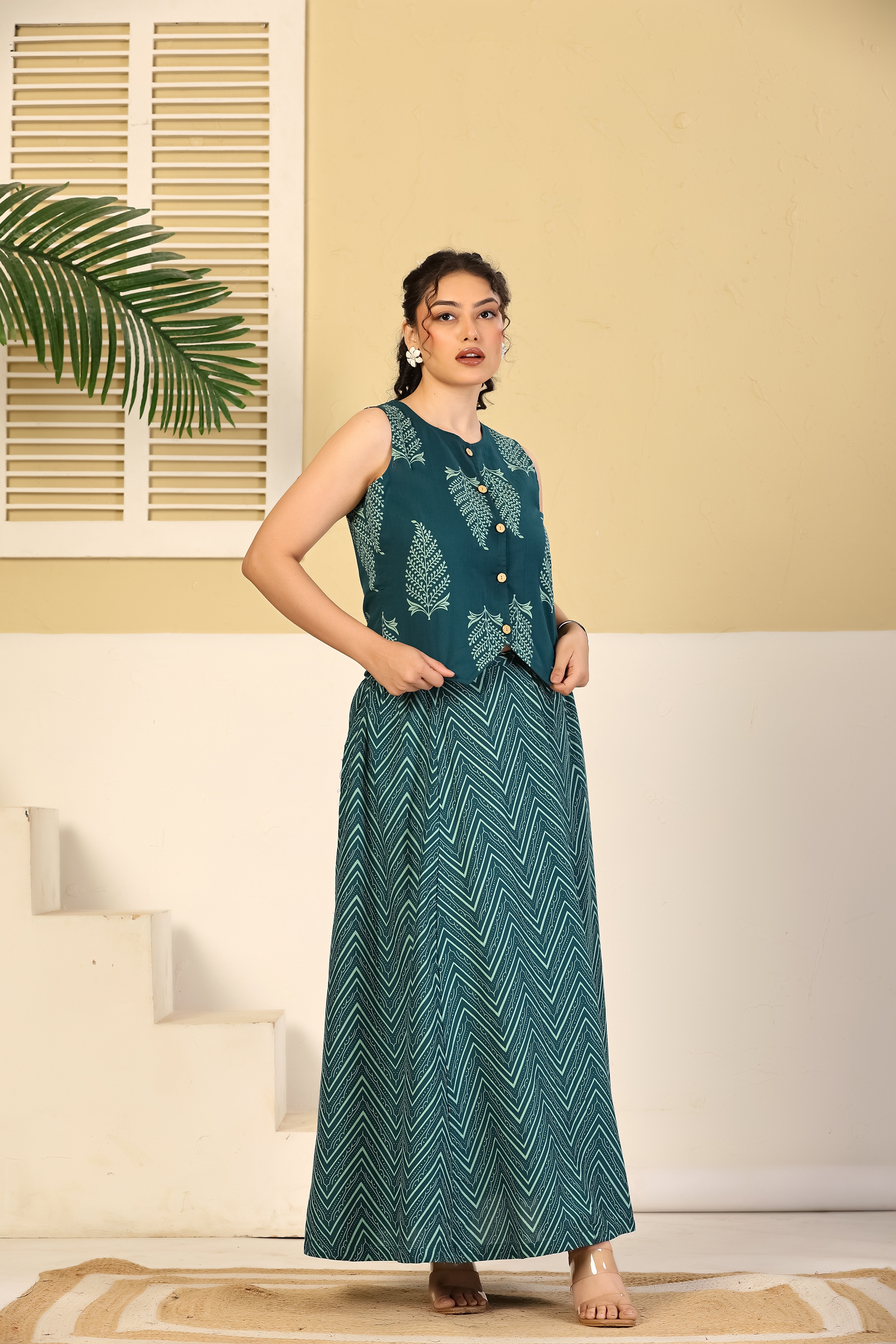 Teal Chevron Crop Top & Skirt Set