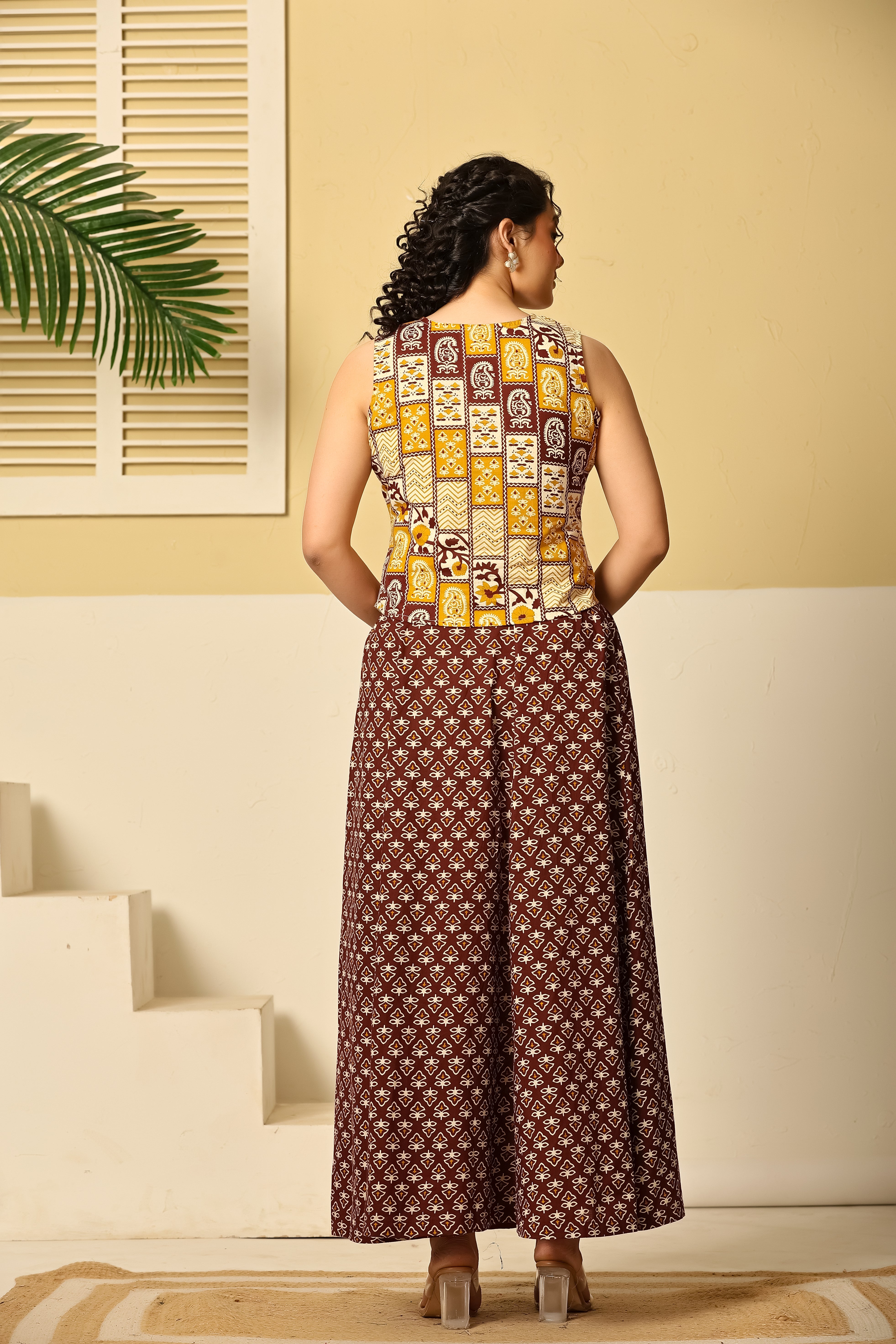 Rust Patchwork Crop Top & Flared Skirt Set