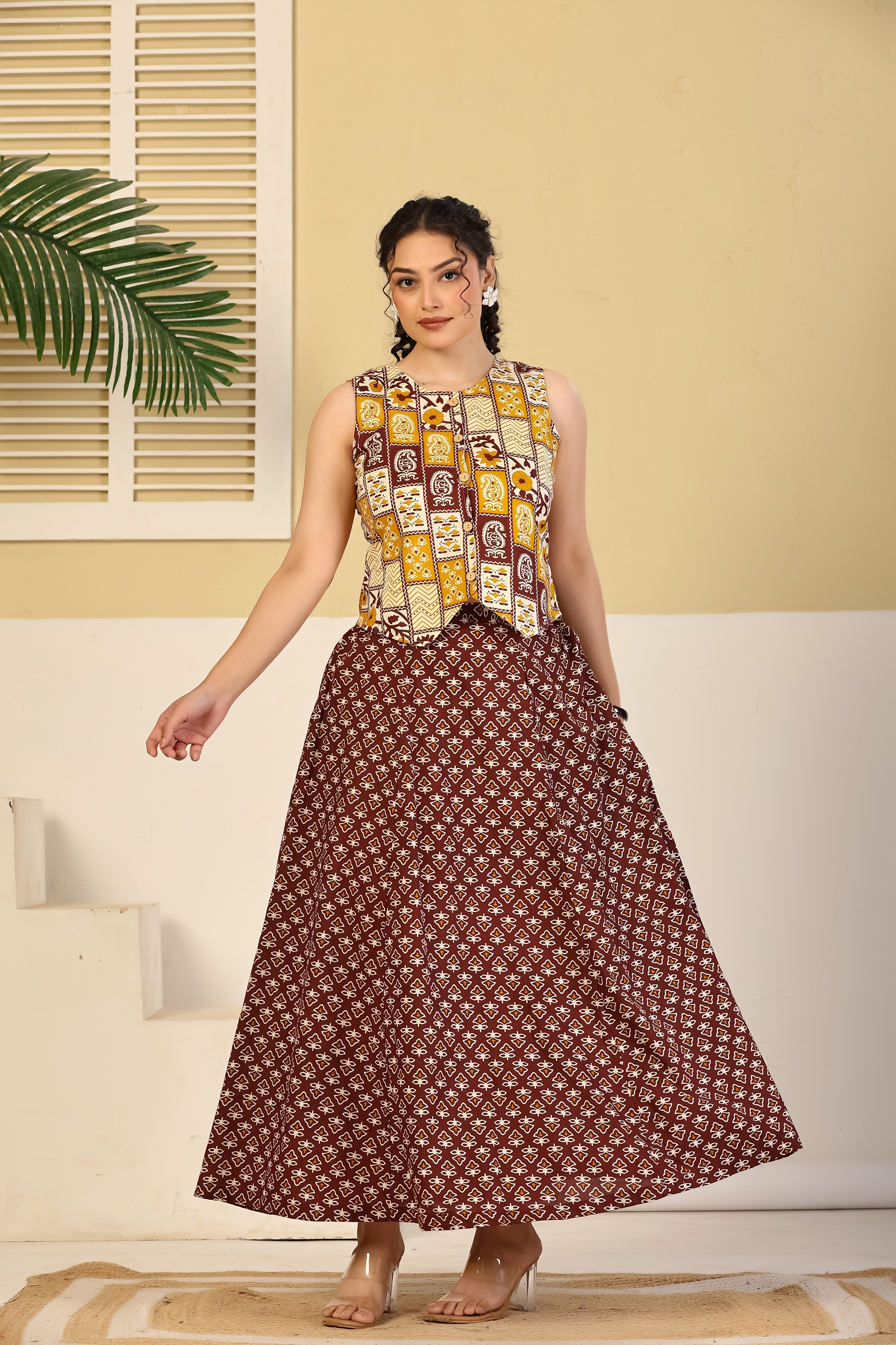 Rust Patchwork Crop Top & Flared Skirt Set