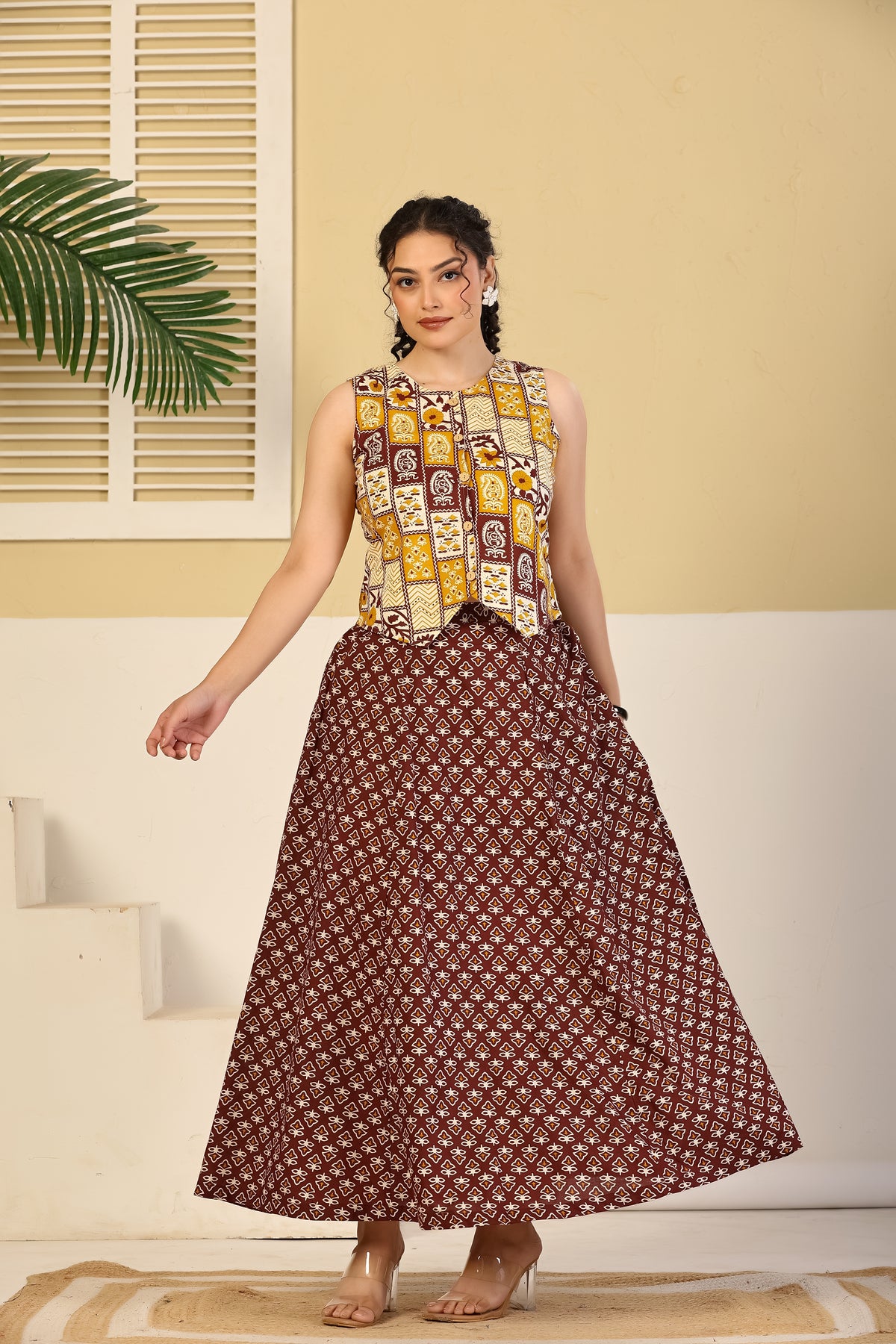Rust Patchwork Crop Top & Flared Skirt Set