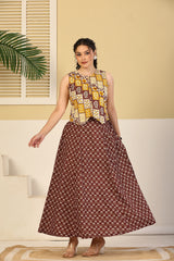 Rust Patchwork Crop Top & Flared Skirt Set
