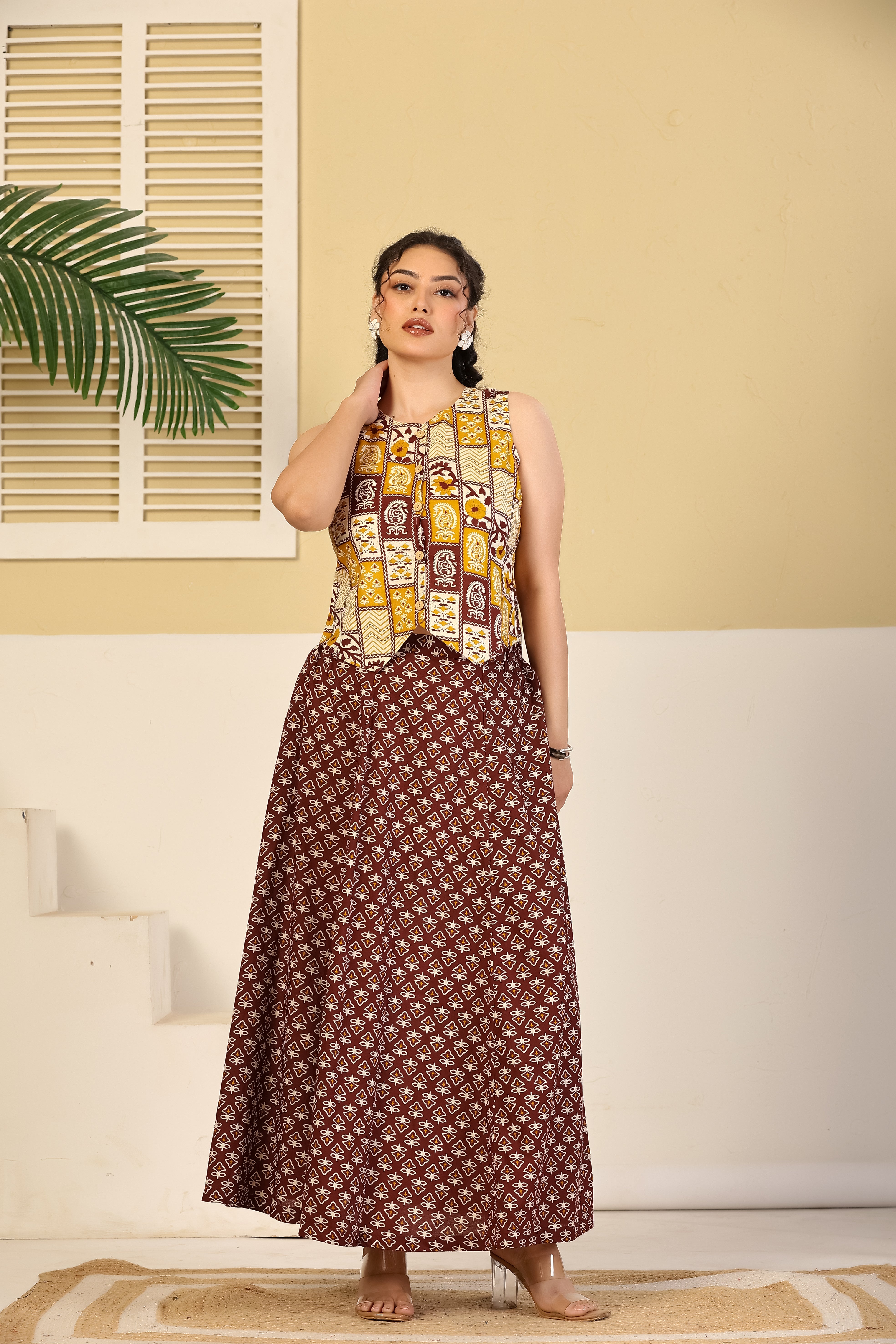 Rust Patchwork Crop Top & Flared Skirt Set