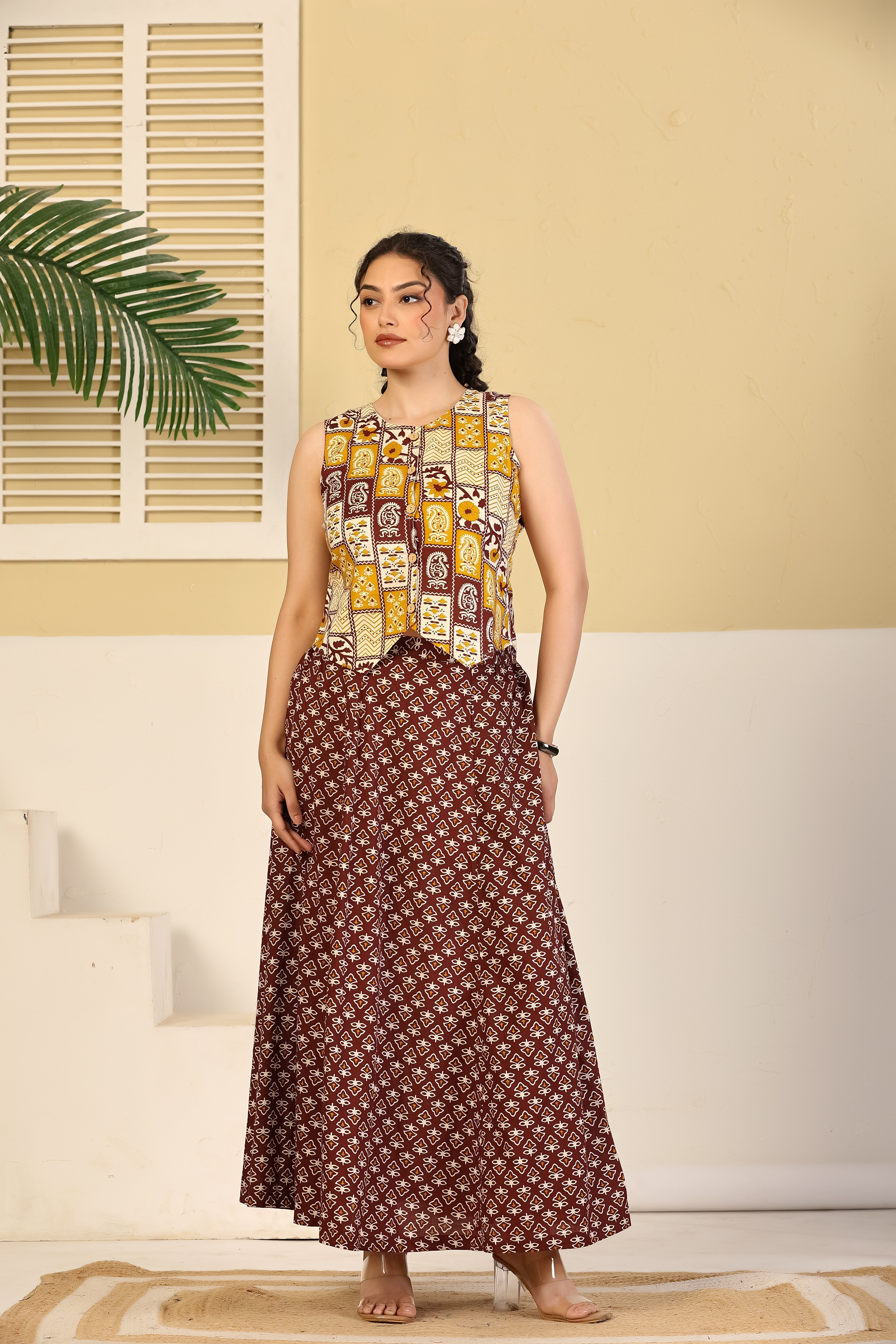 Rust Patchwork Crop Top & Flared Skirt Set