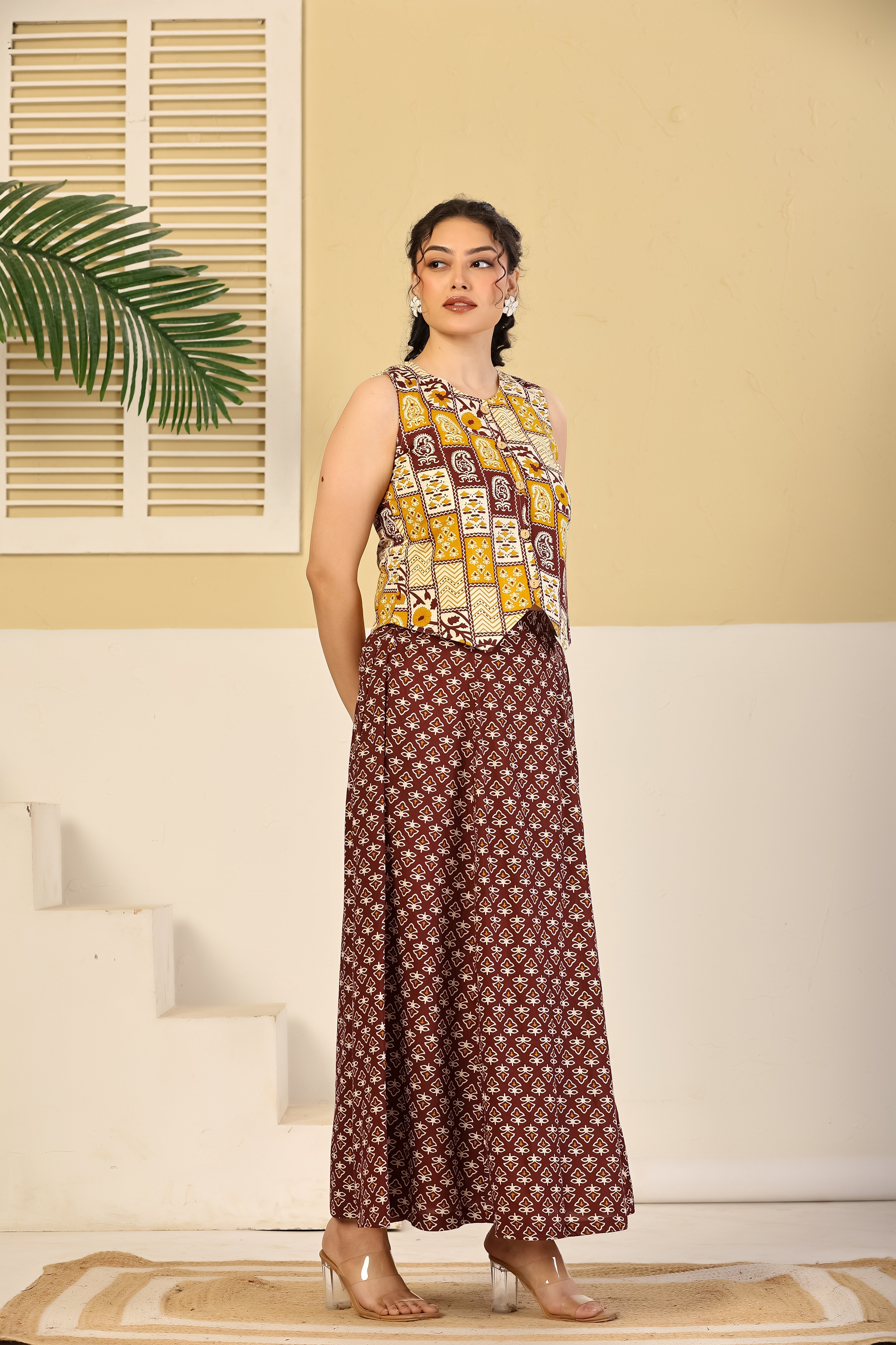 Rust Patchwork Crop Top & Flared Skirt Set