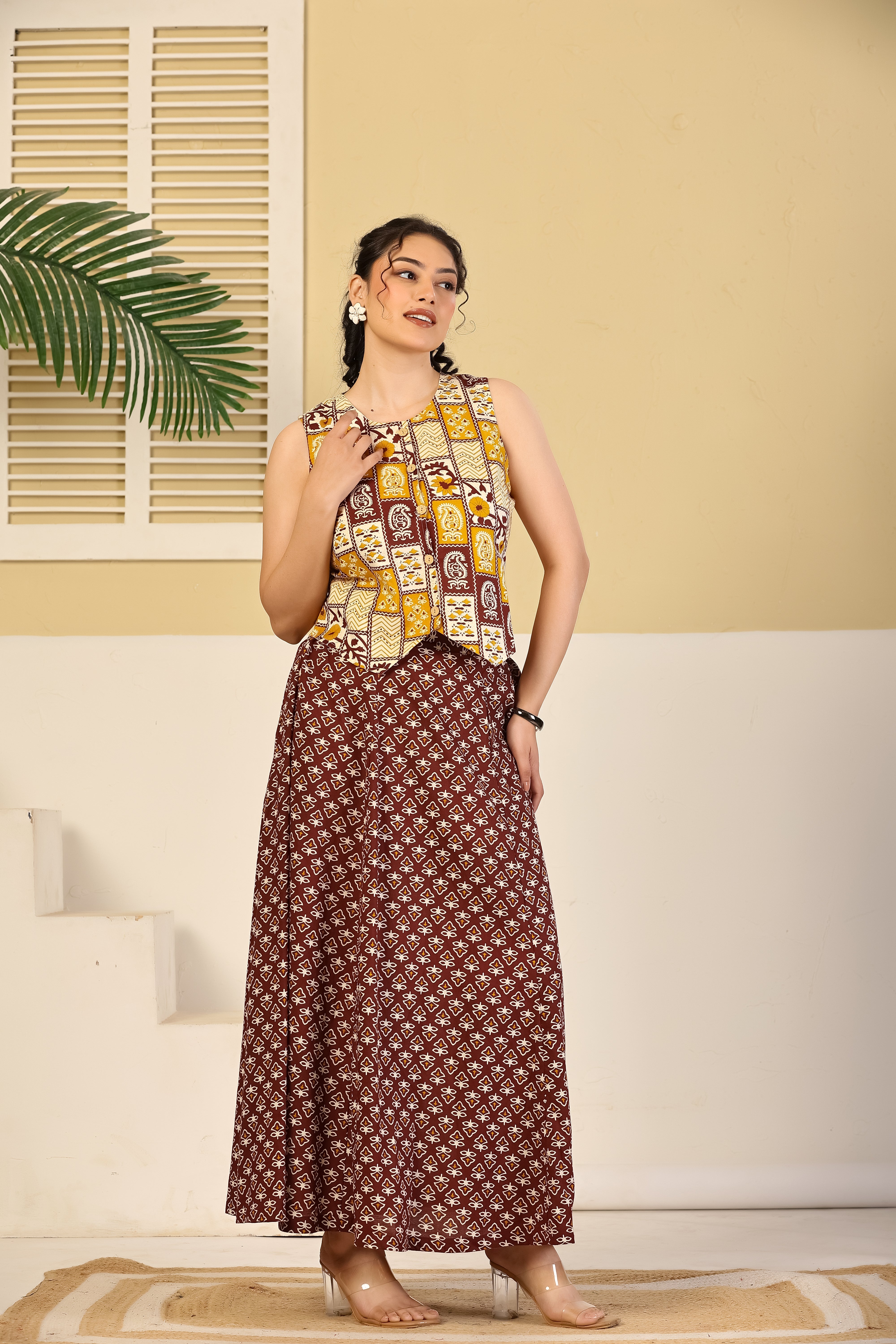 Rust Patchwork Crop Top & Flared Skirt Set